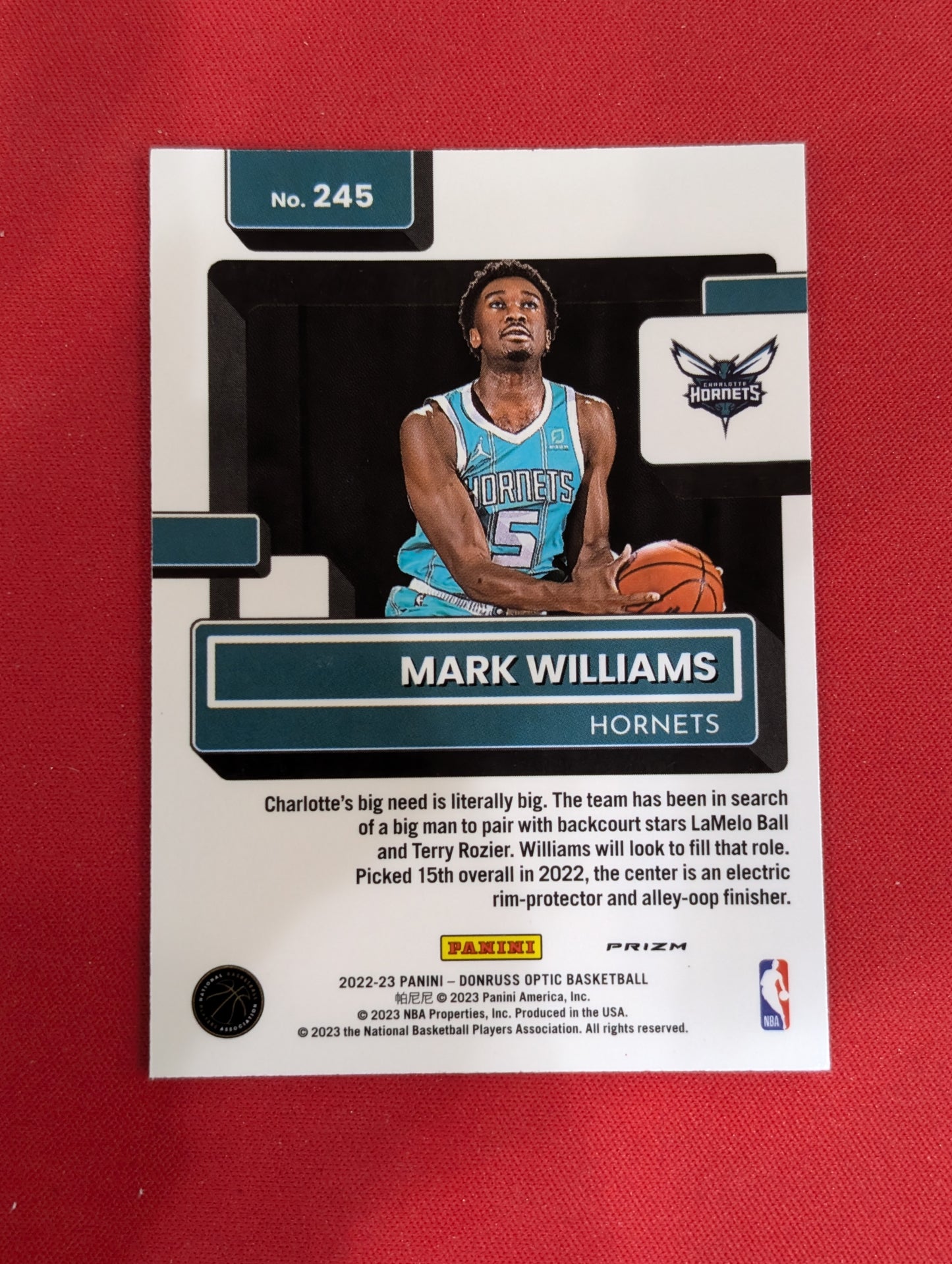 #245 Mark Williams 2022-23 Donruss Optic Charlotte Hornets sports Checkerboard