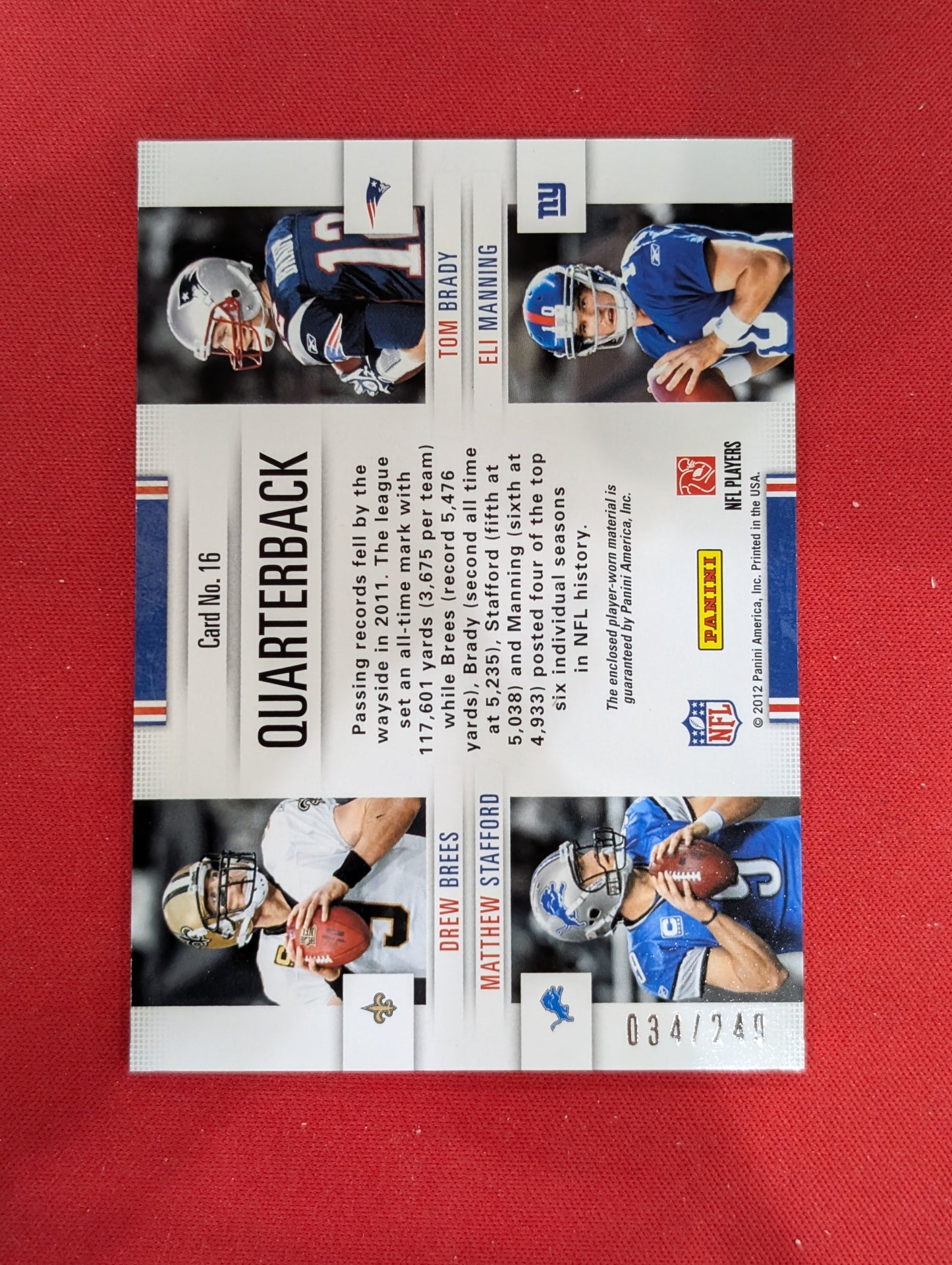 #16 Brees/Brady/Stafford/Manning 2012 Panini Prestige /249 League Leaders