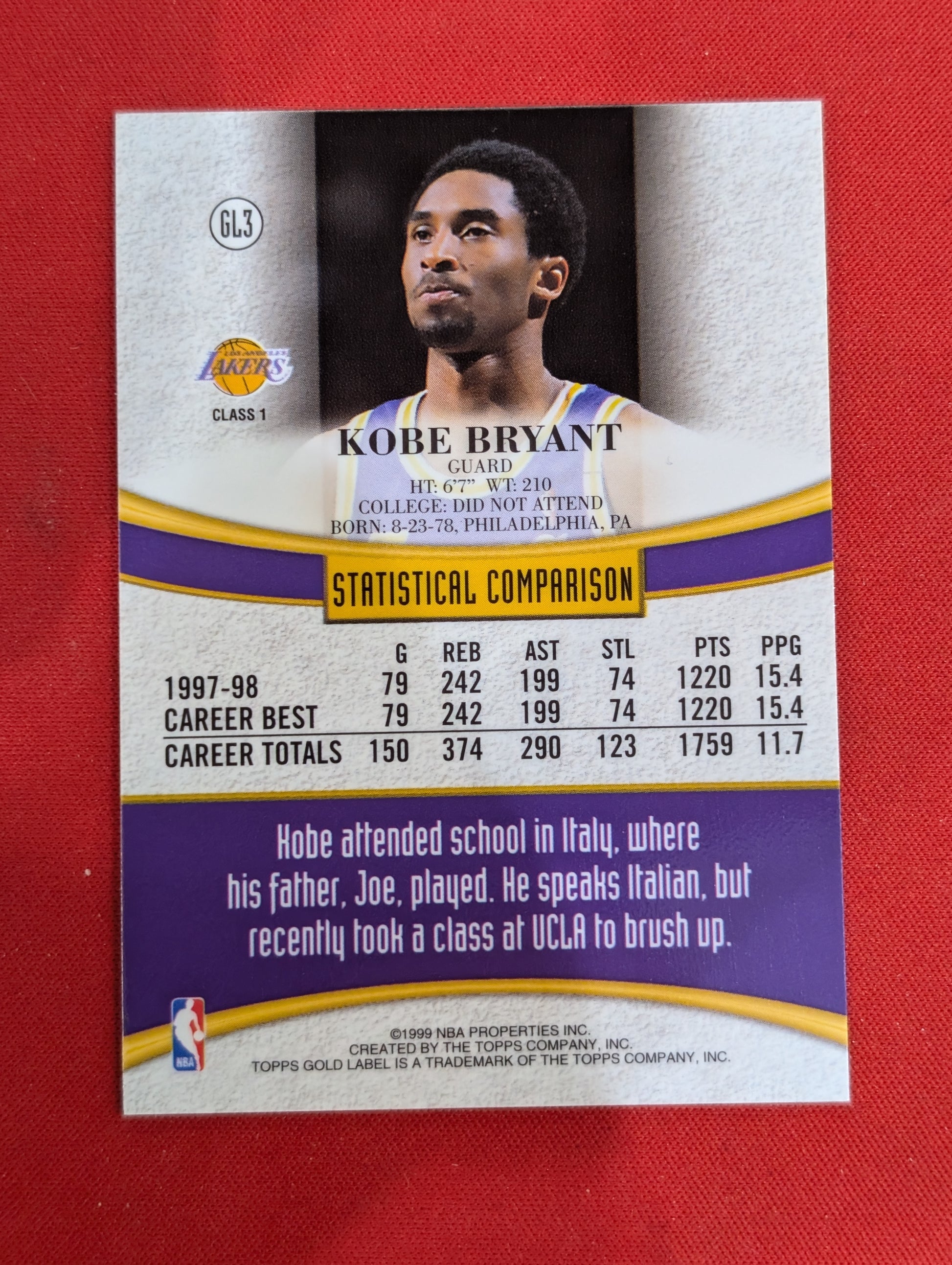 #GL3 Kobe Bryant 1998-99 Topps Los Angeles Lakers sports Topps Gold Label