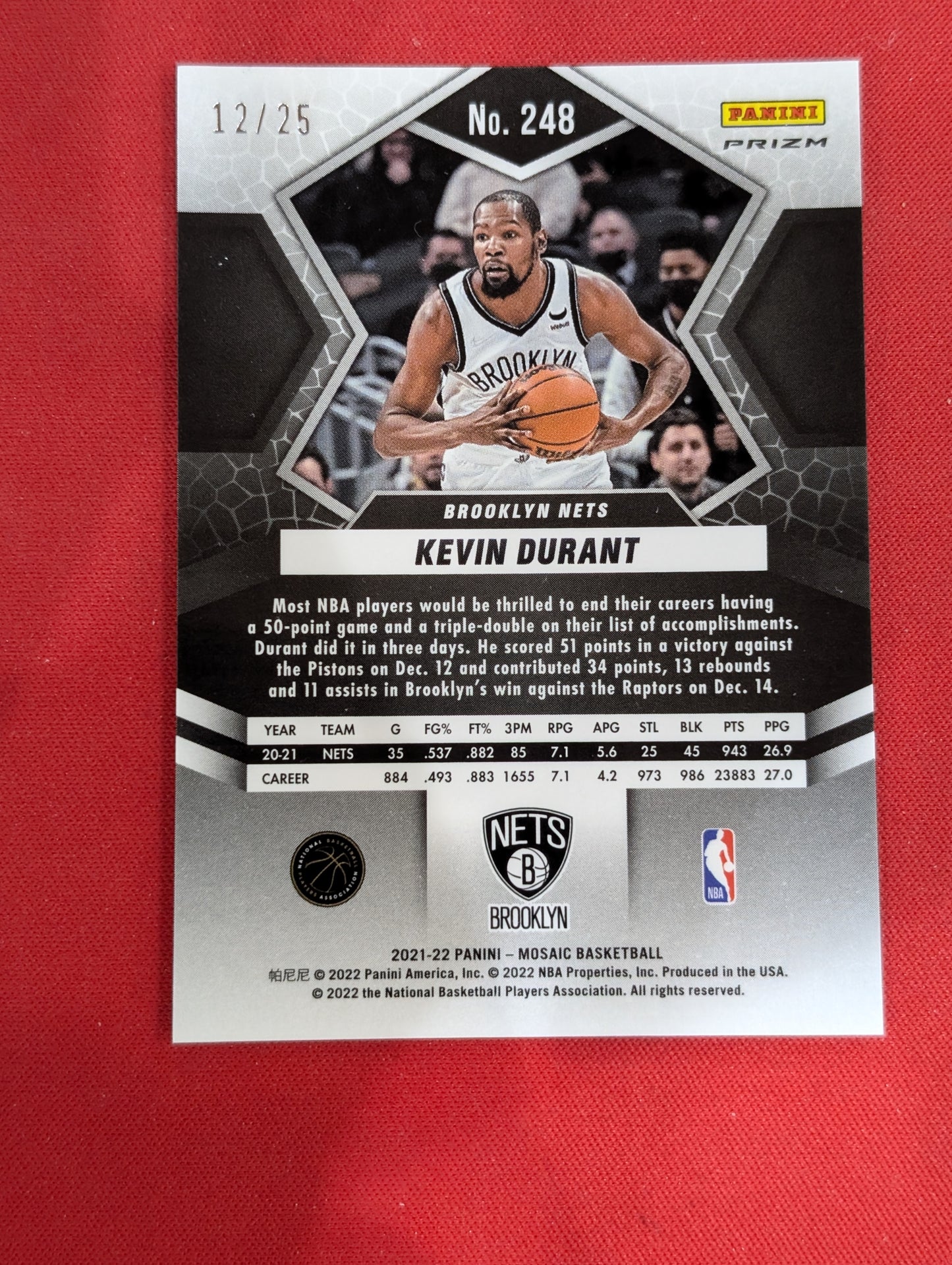 #248 Kevin Durant 2021-22 Panini Mosaic SN #/25 Brooklyn Nets Orange Fluorescent