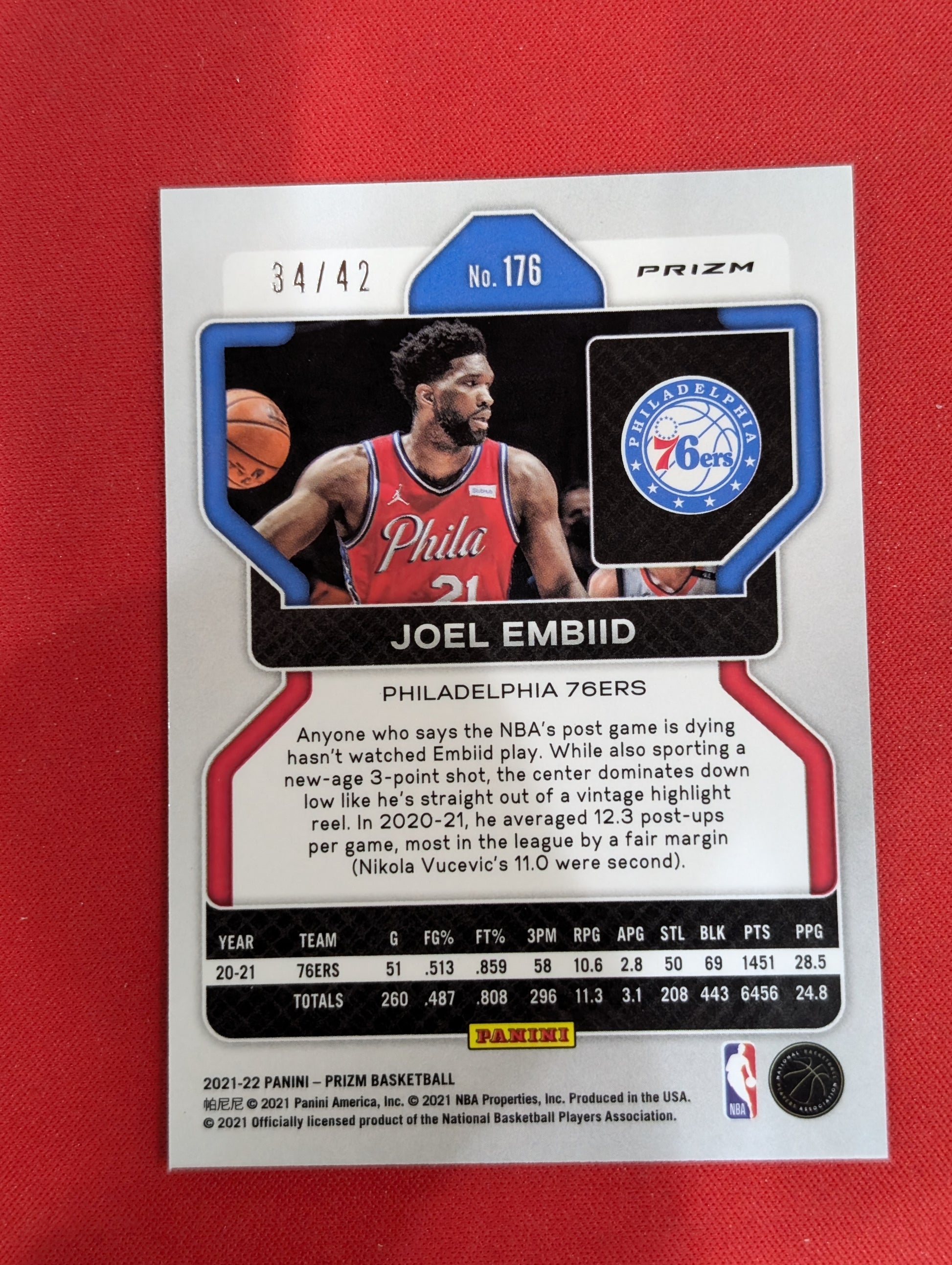 #176 Joel Embiid 2021-22 Panini Prizm SN #/42 Philadelphia 76ers Pink Pulsar