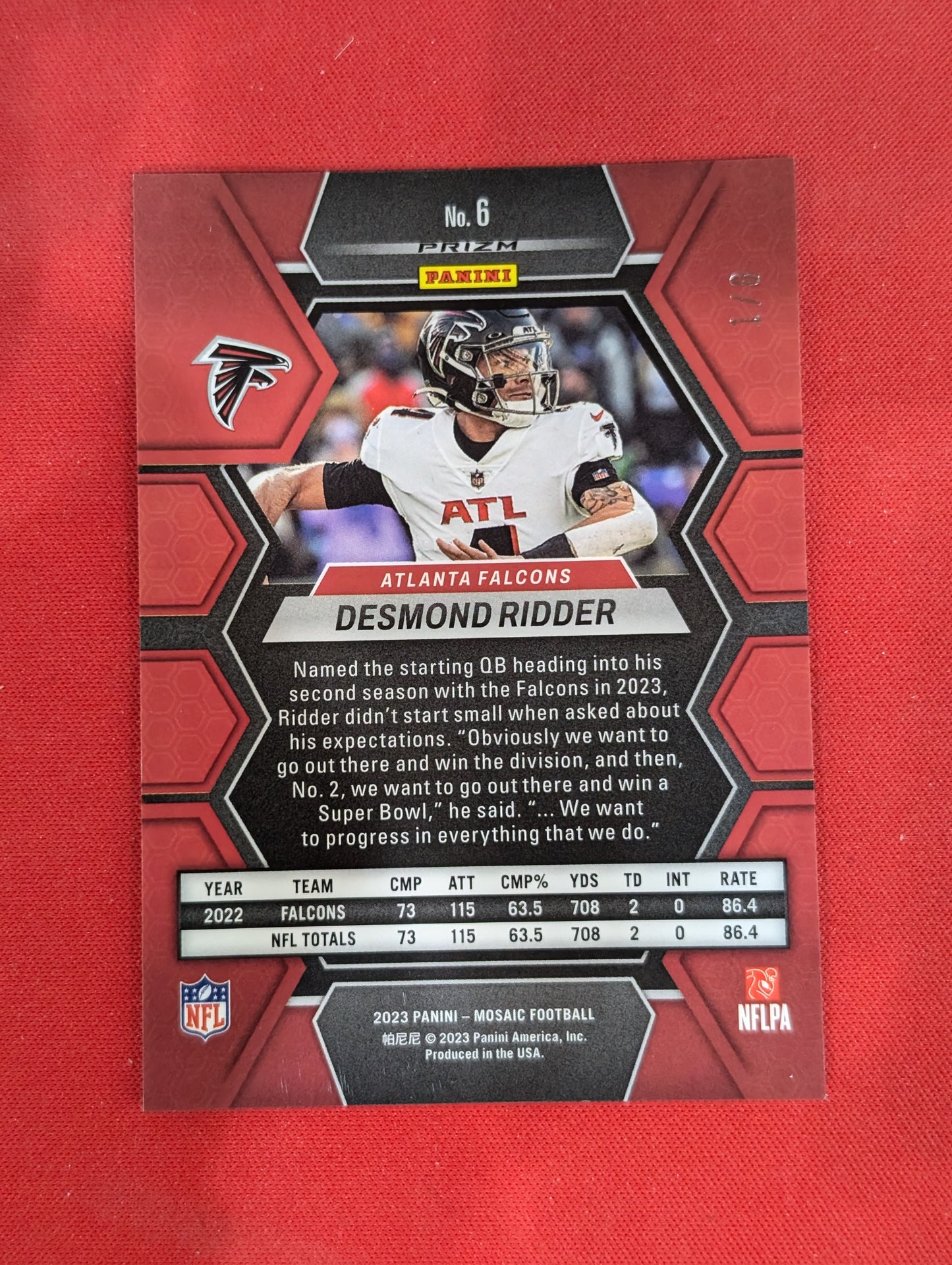 #6 Desmond Ridder 2023 Panini Mosaic /8 Atlanta Falcons Black Gold Choice