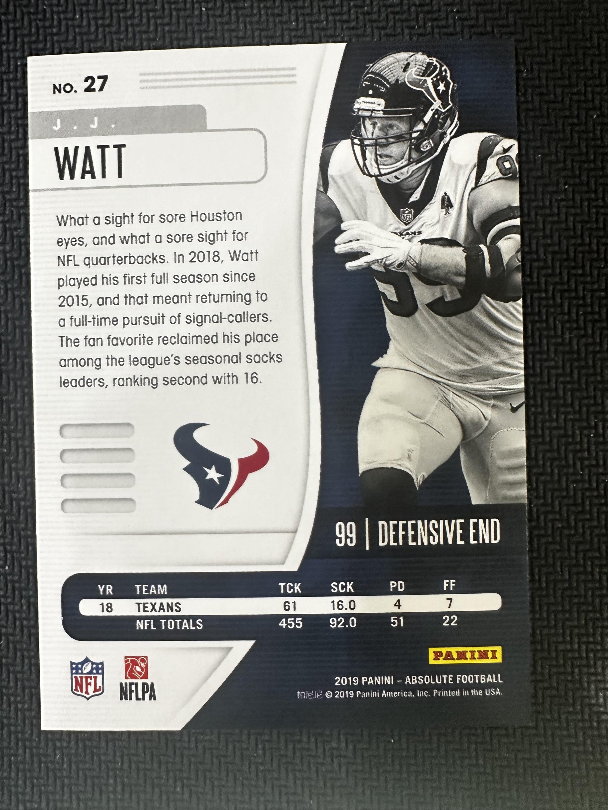 #27 J.J. Watt 2019 Panini Absolute SN #/50 Houston Texans sports Spectrum Blue