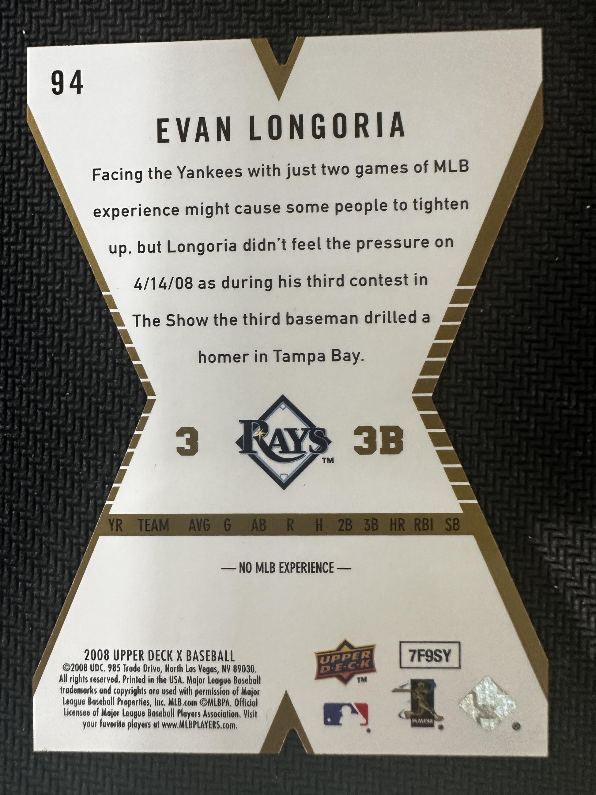 #94 Evan Longoria 2008 Upper Deck X Tampa Bay Rays sports Die Cut Gold