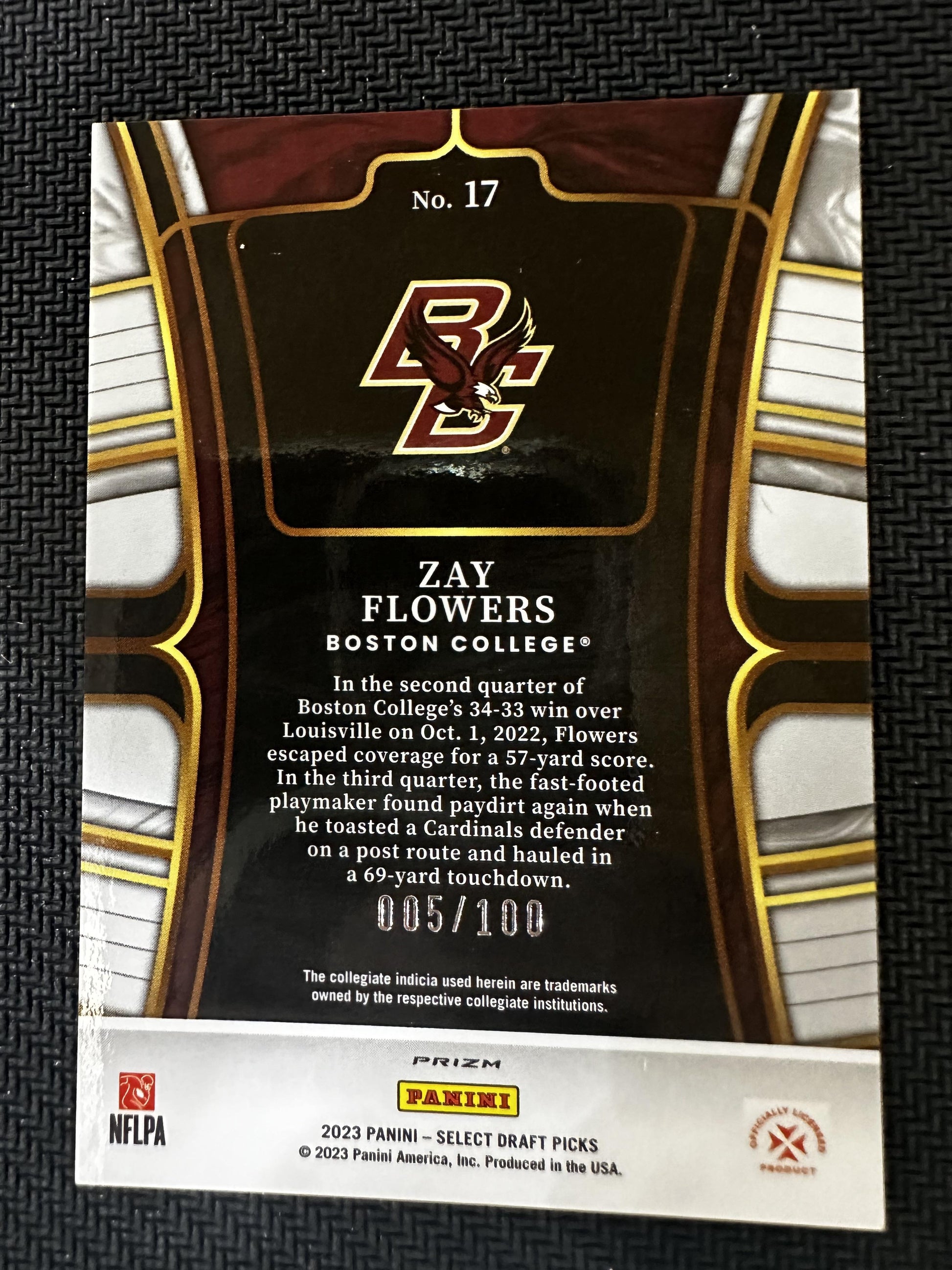 #17 Zay Flowers 2023 Panini Select Draft Picks SN /100 sports Black & Gold