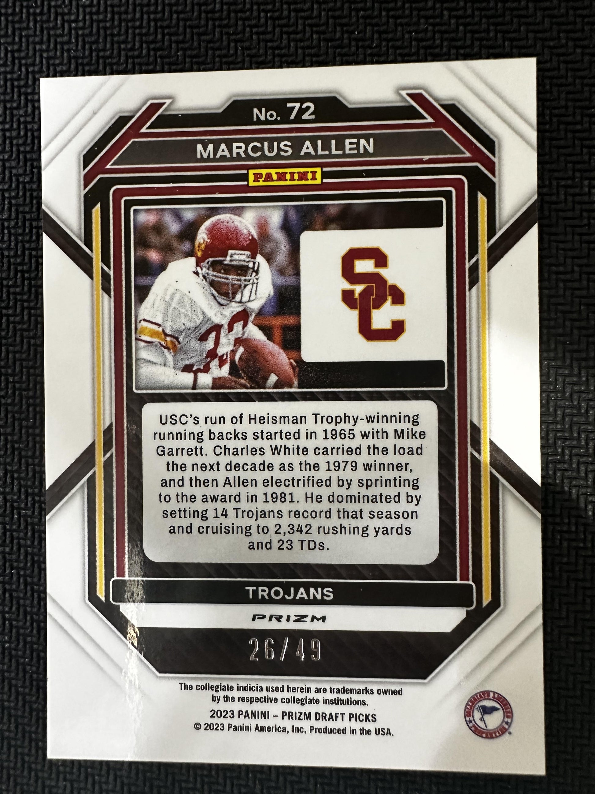 #72 Marcus Allen 2023 Panini Prizm Draft Picks SN #/49 Gold Flash