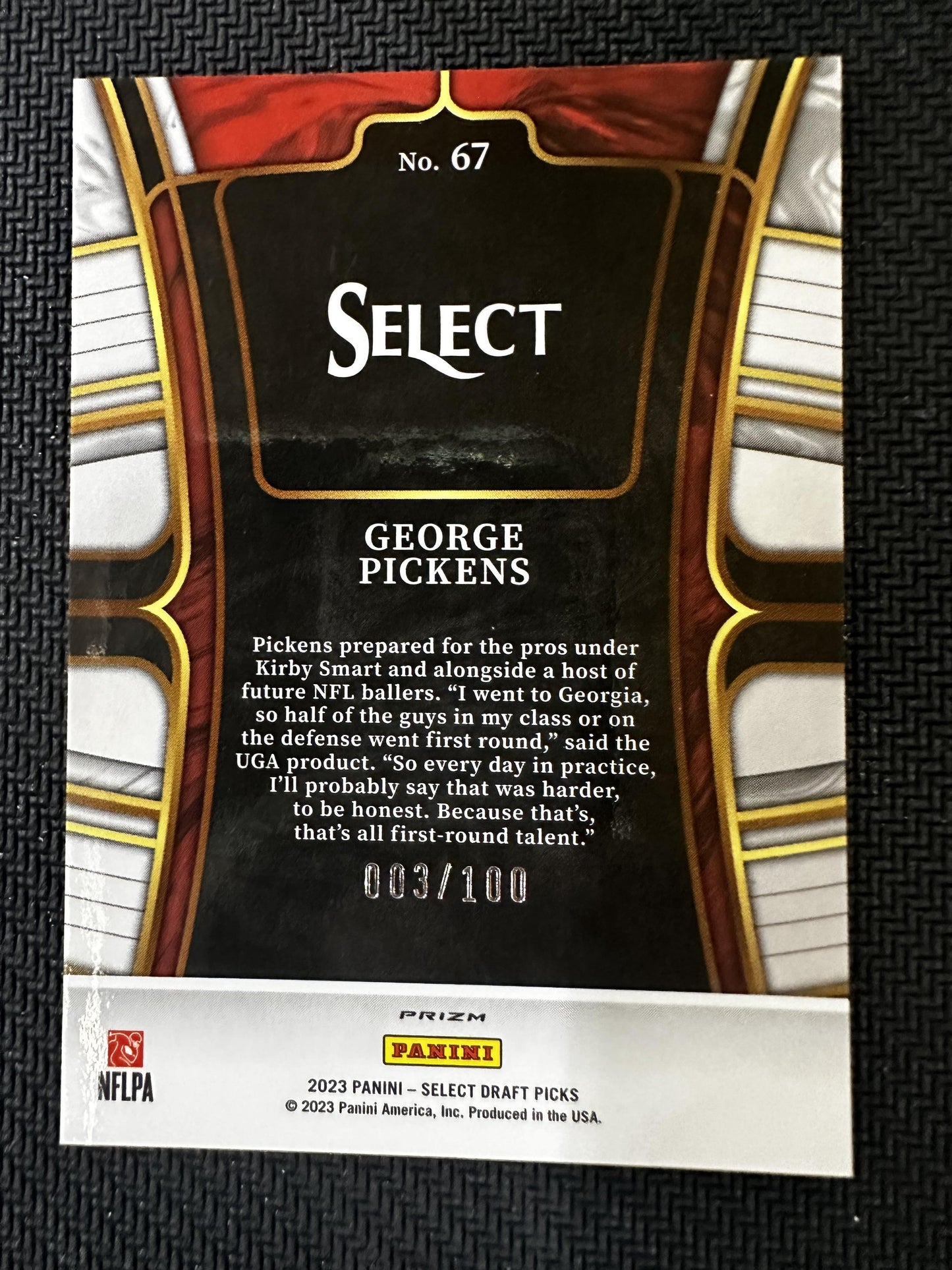 #67 George Pickens 2023 Panini Select Draft Picks SN #/100 Black & Gold Squares