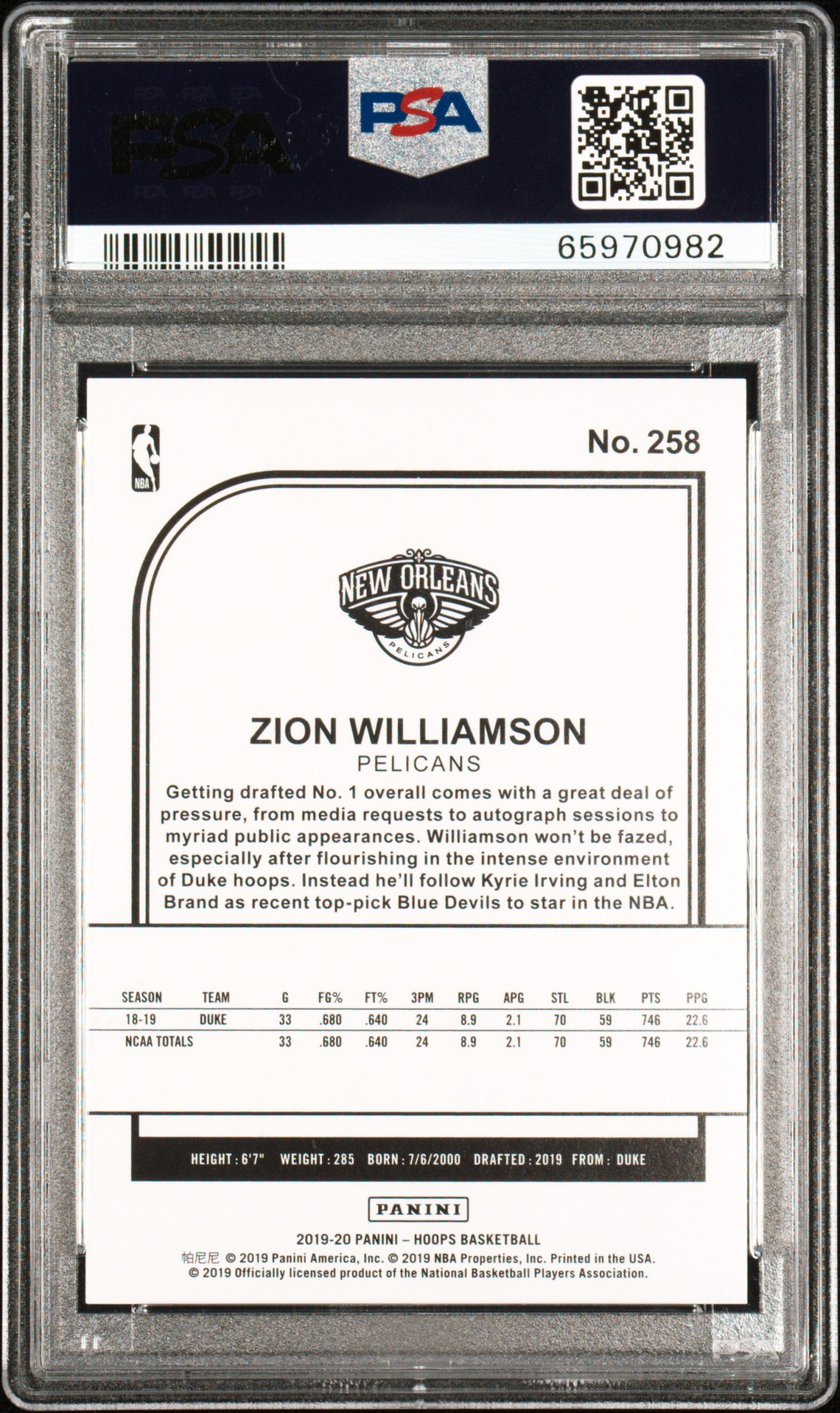 #258 Zion Williamson 2019-20 Hoops SN,RC Rookie #/199 9 Pelicans Silver