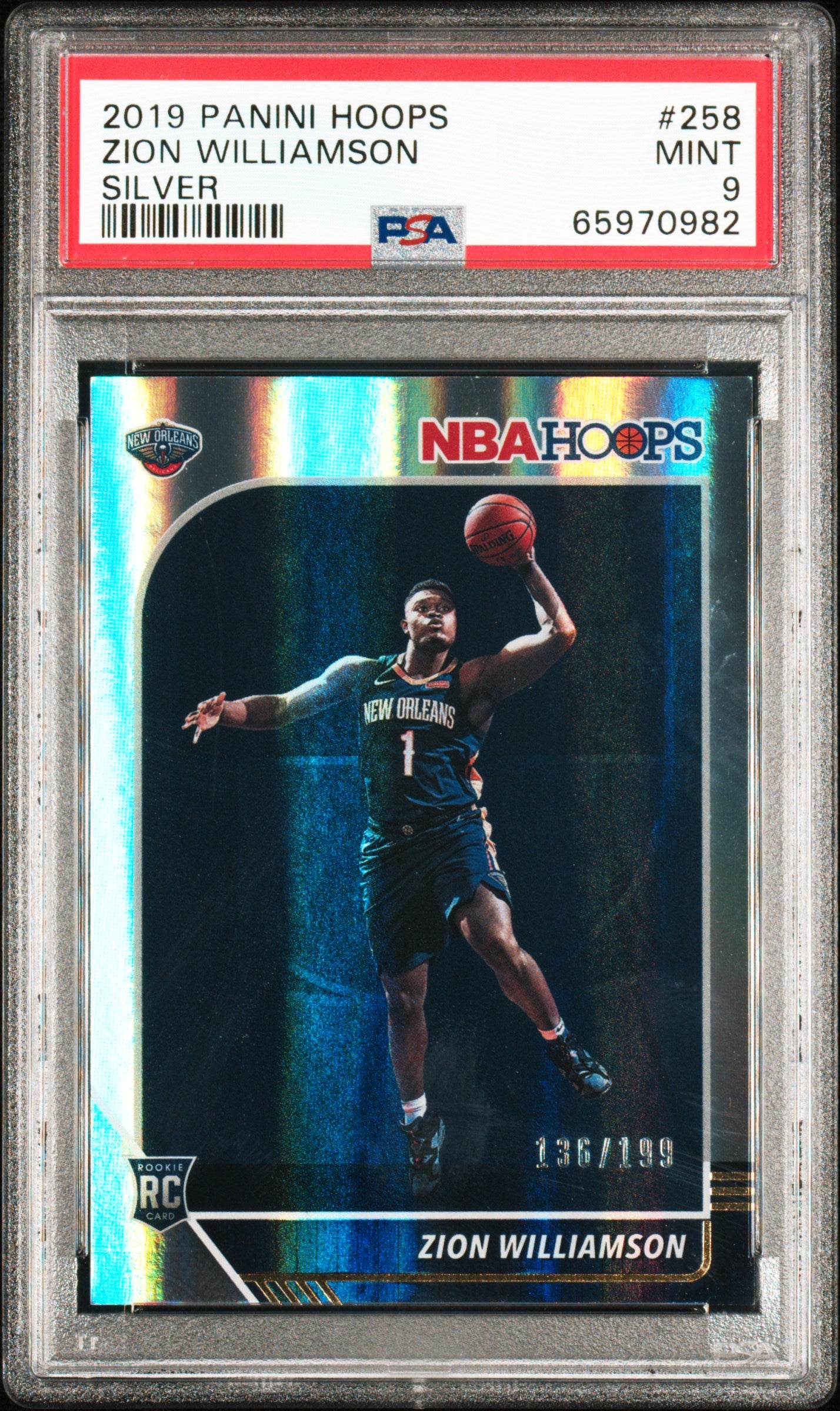 #258 Zion Williamson 2019-20 Hoops SN,RC Rookie #/199 9 Pelicans Silver