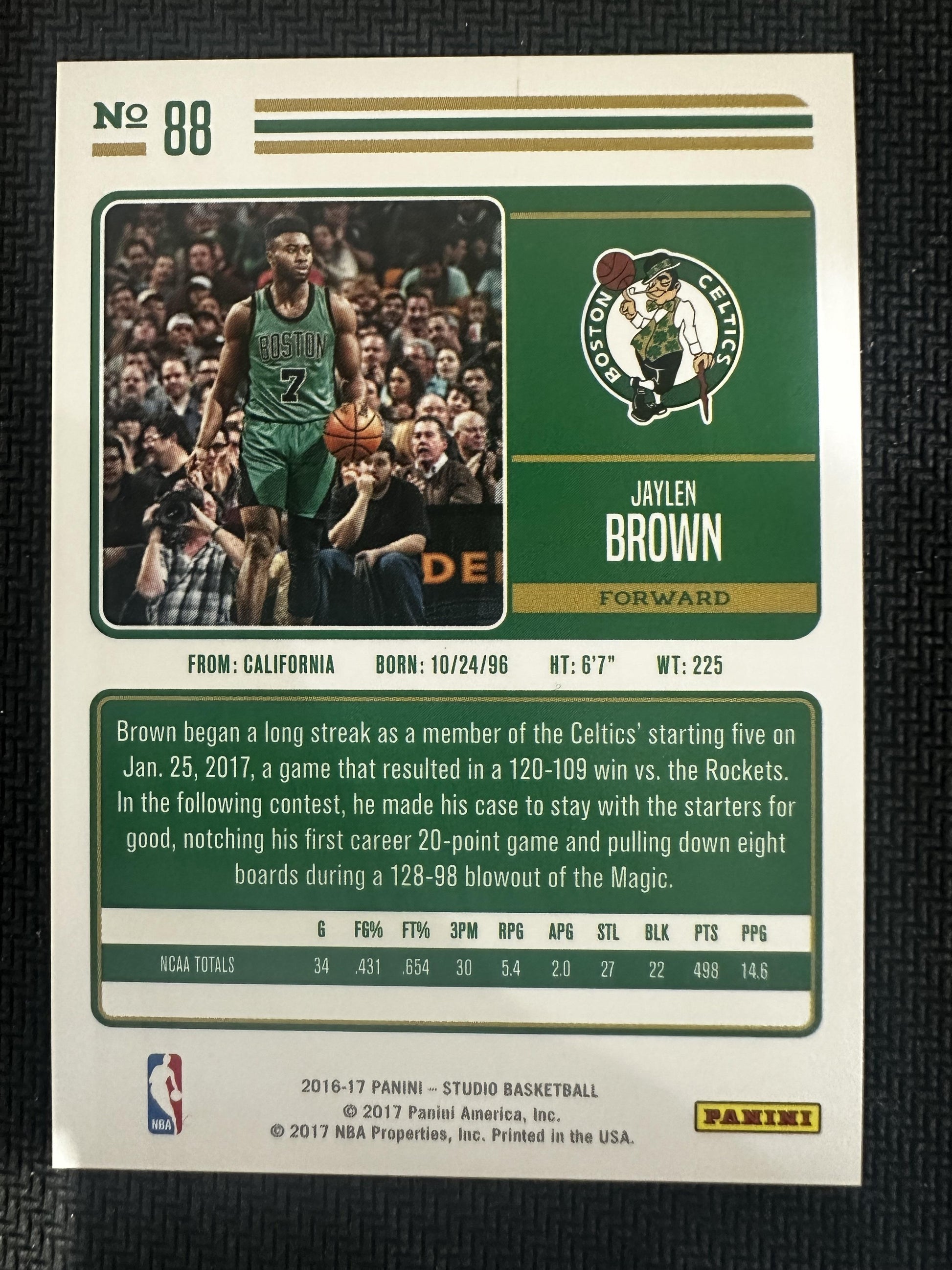 #88 Jaylen Brown 2016-17 Panini Studio RC Rookie Boston Celtics sports