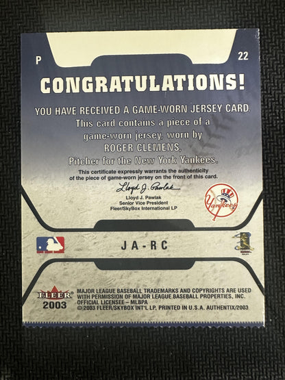 #JA-RC Roger Clemens 2003 Fleer Authentix MEM New York Yankees Game Jersey