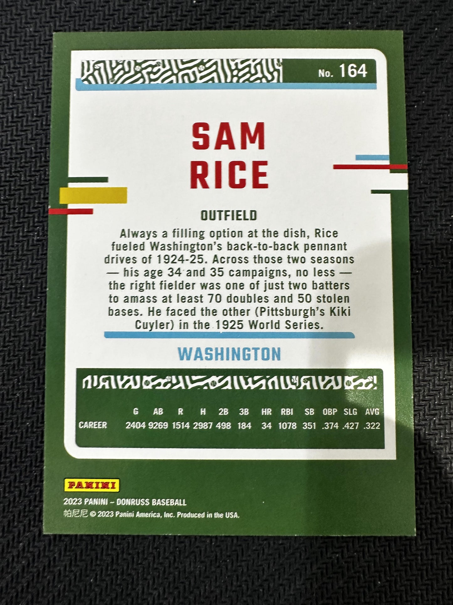 #164 Sam Rice 2023 Donruss SN #/5 Washington Senators sports Press Proof