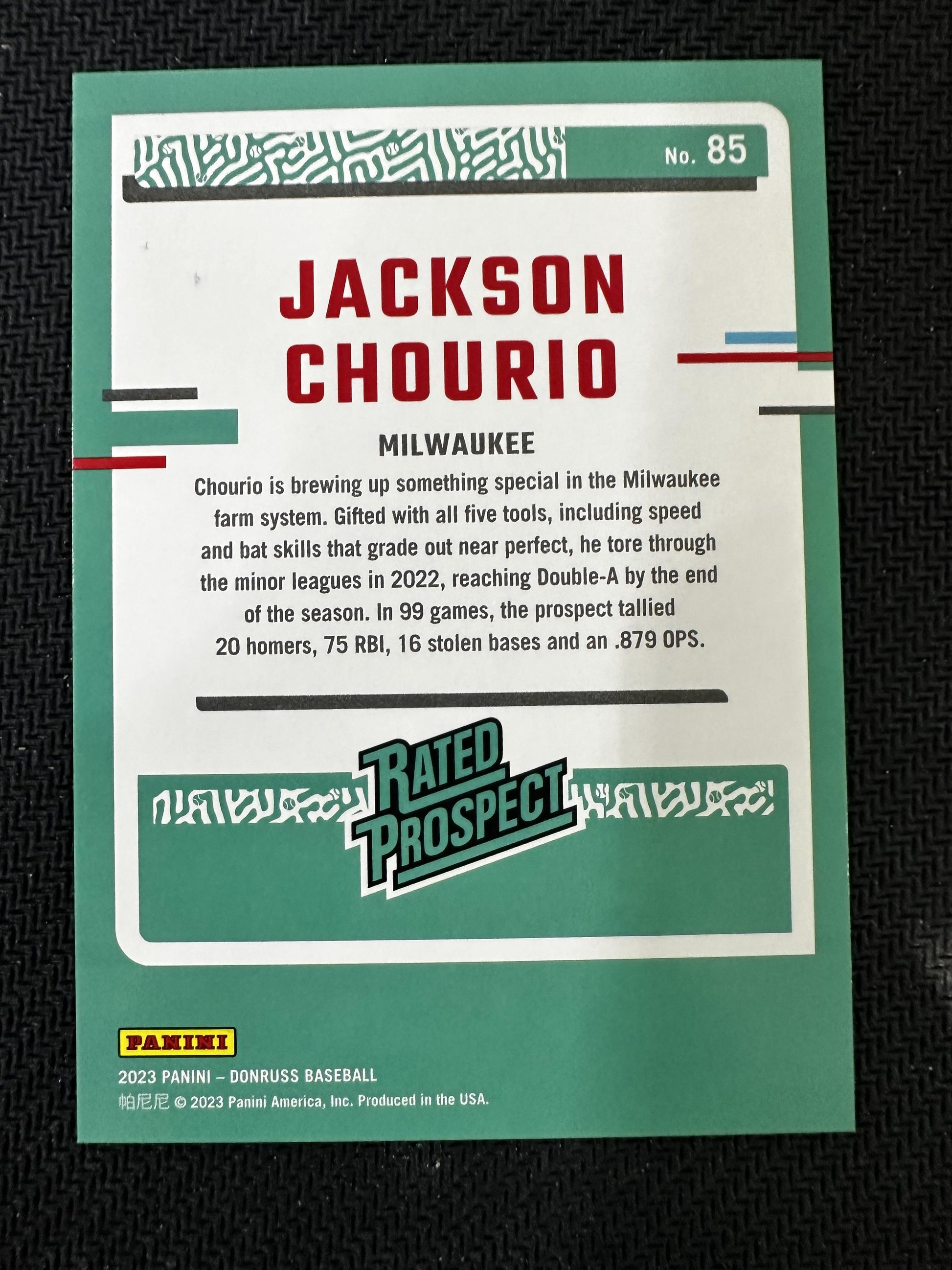 #85 Jackson Chourio 2023 Donruss SN #/2023 Milwaukee Brewers sports Holo Red