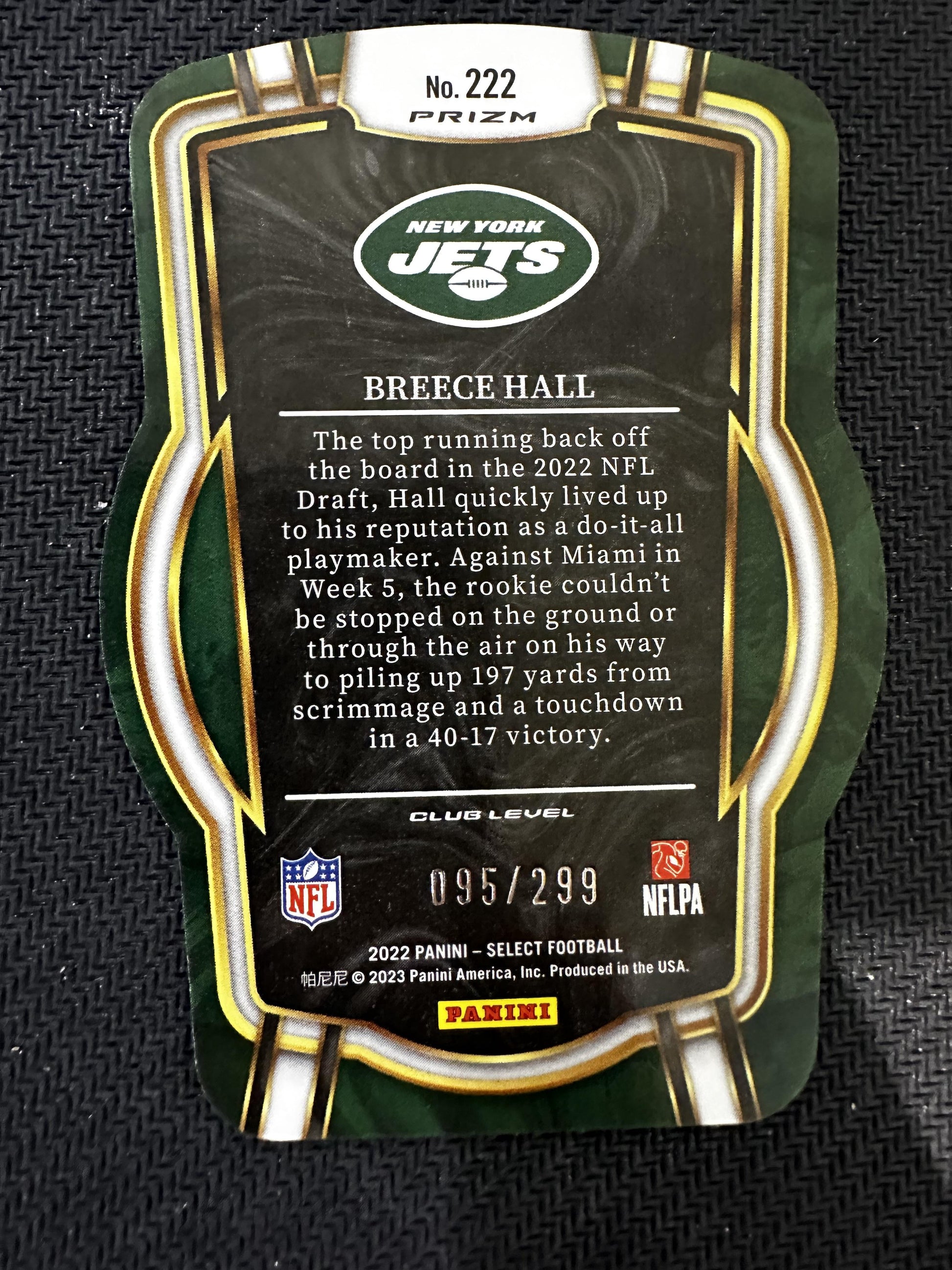 #222 Breece Hall 2022 Panini Select /299 Jets Neon Green Prizm Die Cut