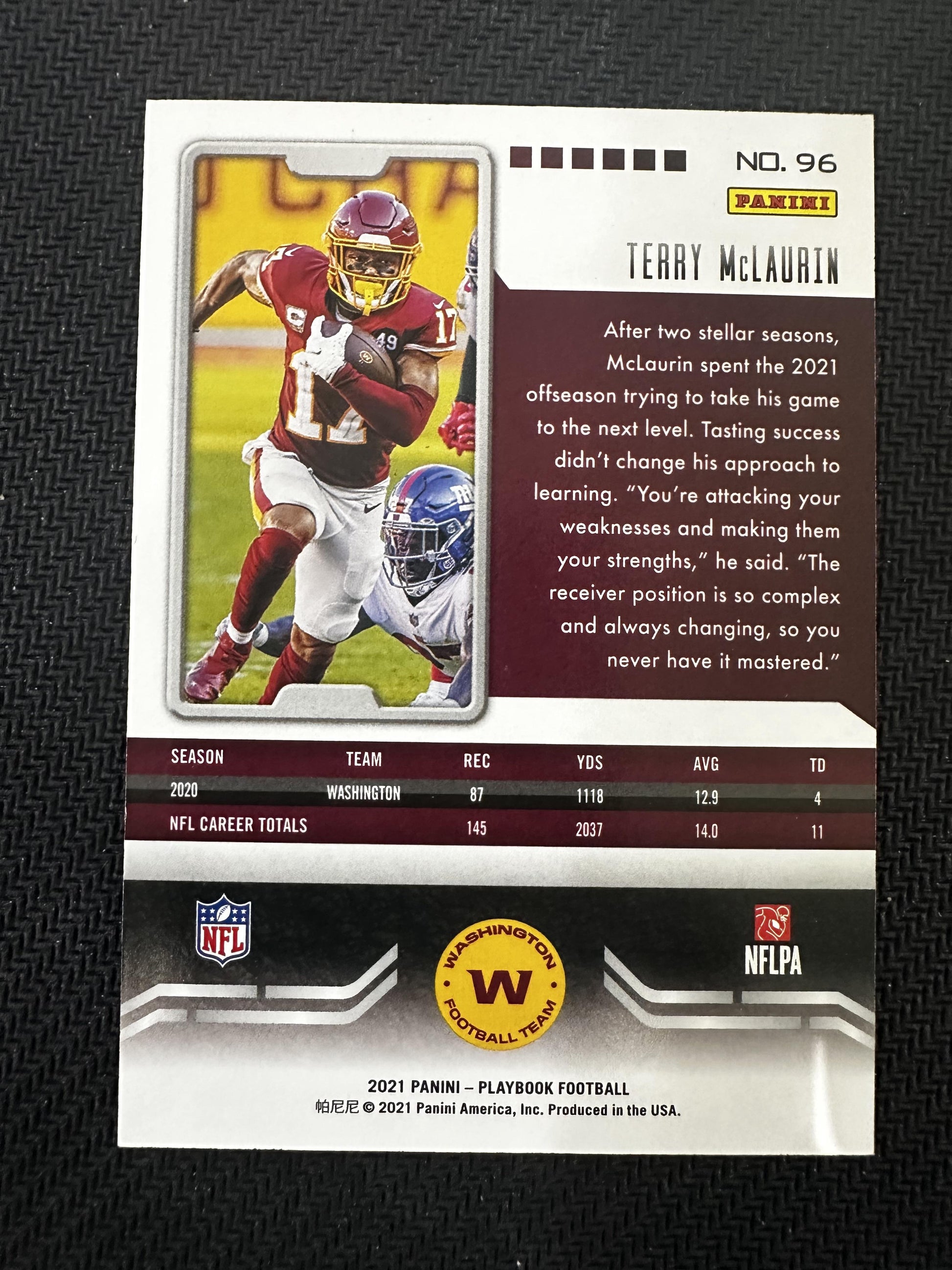 #96 Terry McLaurin 2021 Panini Playbook /25 Washington Redskins Platinum