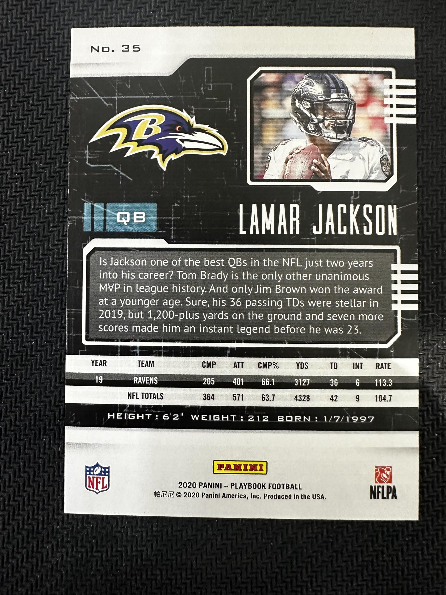 #35 Lamar Jackson 2020 Panini Playbook SN #/49 Baltimore Ravens sports Gold