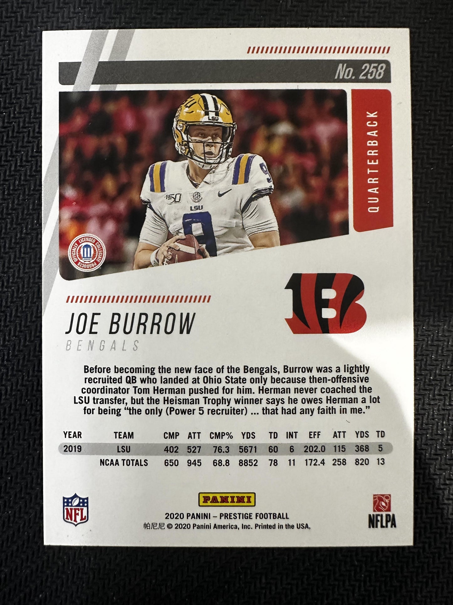 #258 Joe Burrow 2020 Panini Prestige RC Rookie Cincinnati Bengals sports