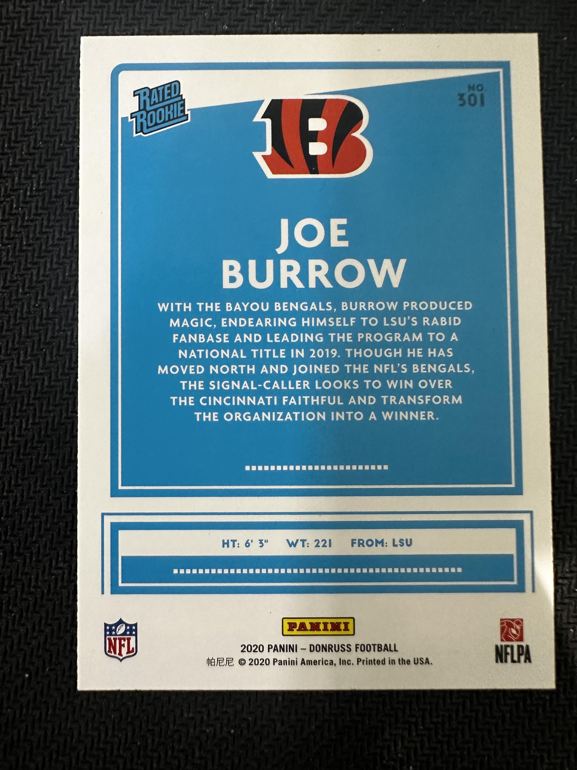 #301 Joe Burrow 2020 Donruss RC Rookie Cincinnati Bengals sports