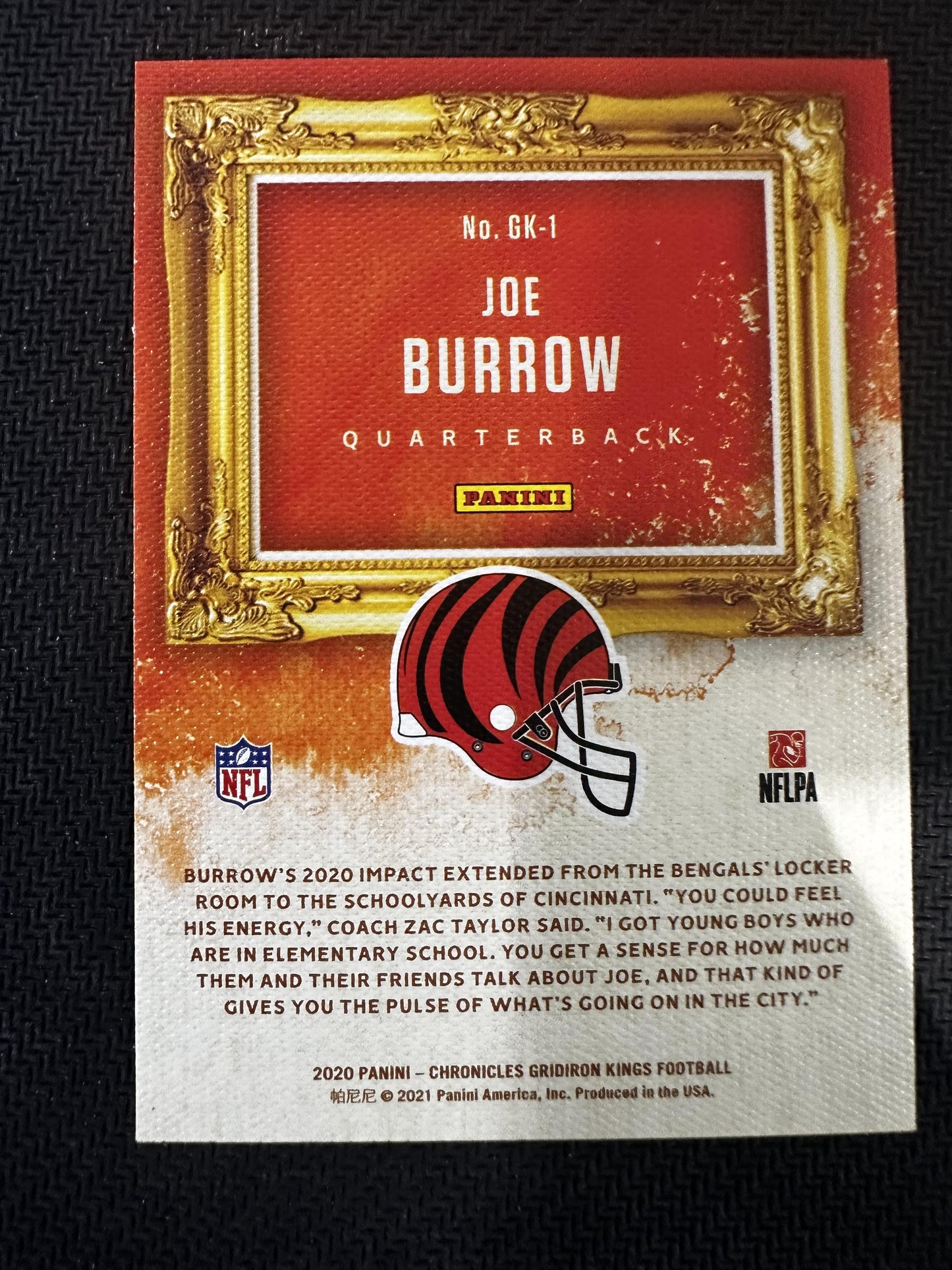 #GK-1 Joe Burrow 2020 Panini Chronicles Cincinnati Bengals Gridiron Kings Green