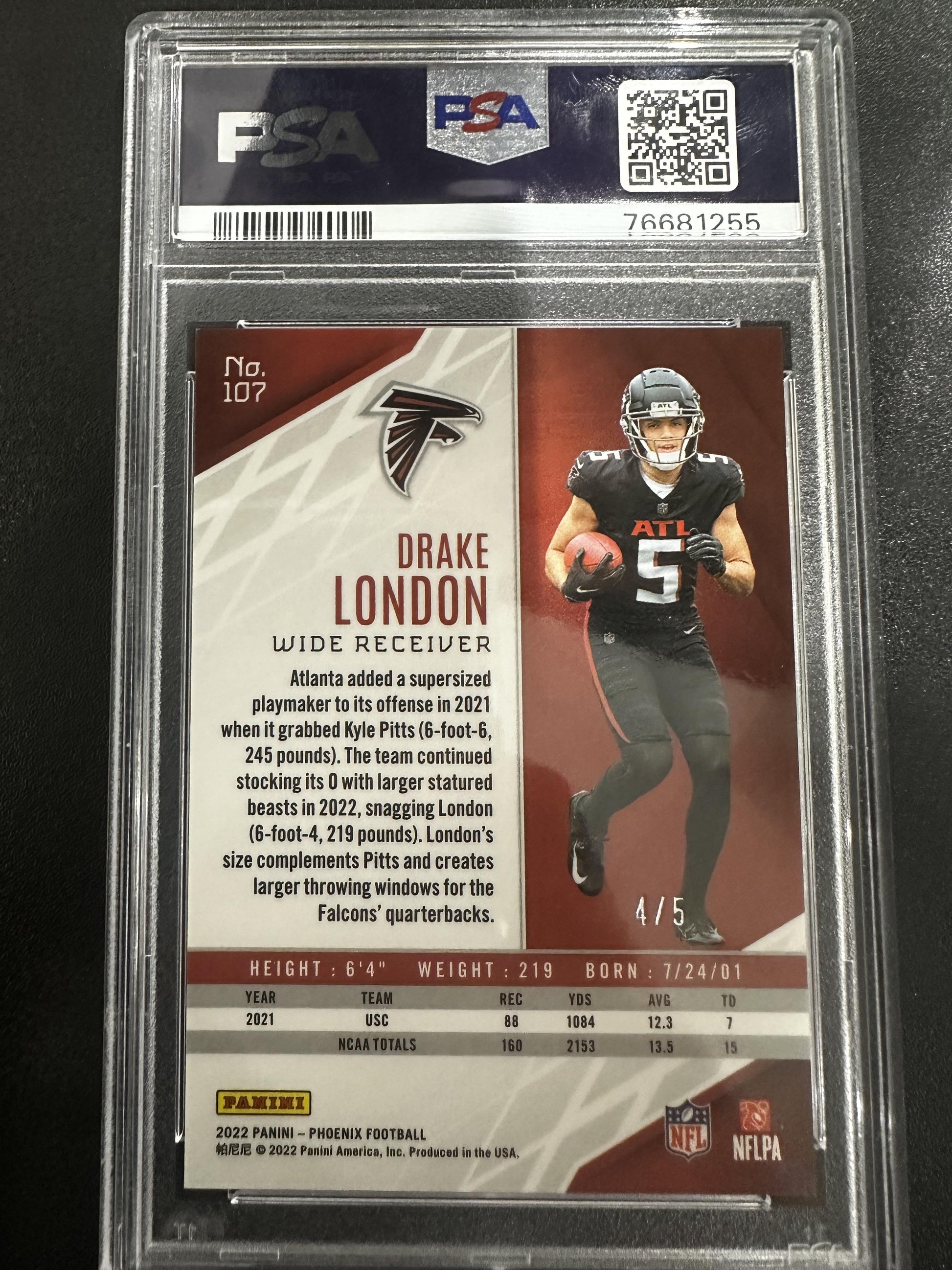 #107 Drake London 2022 Panini Phoenix /5 10 Atlanta Falcons GEM-MT Onyx