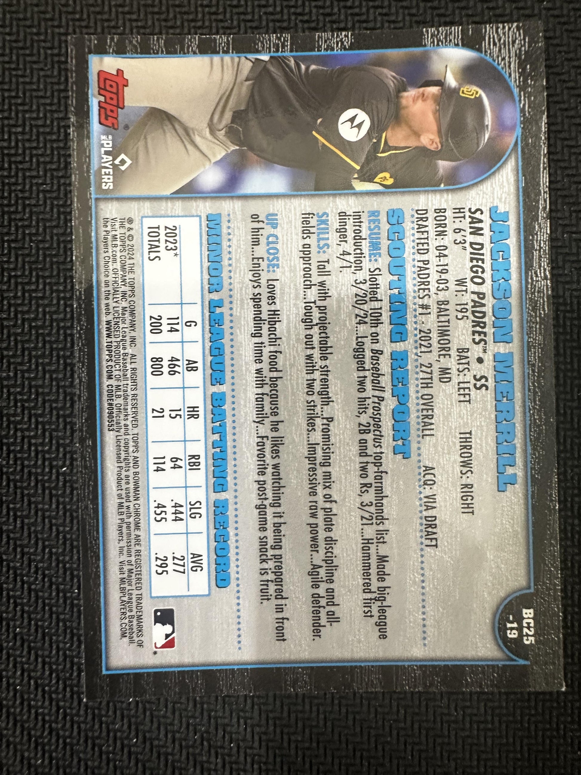 #BC25-19 Jackson Merrill 2024 Bowman Chrome San Diego Padres 25th Anniversary