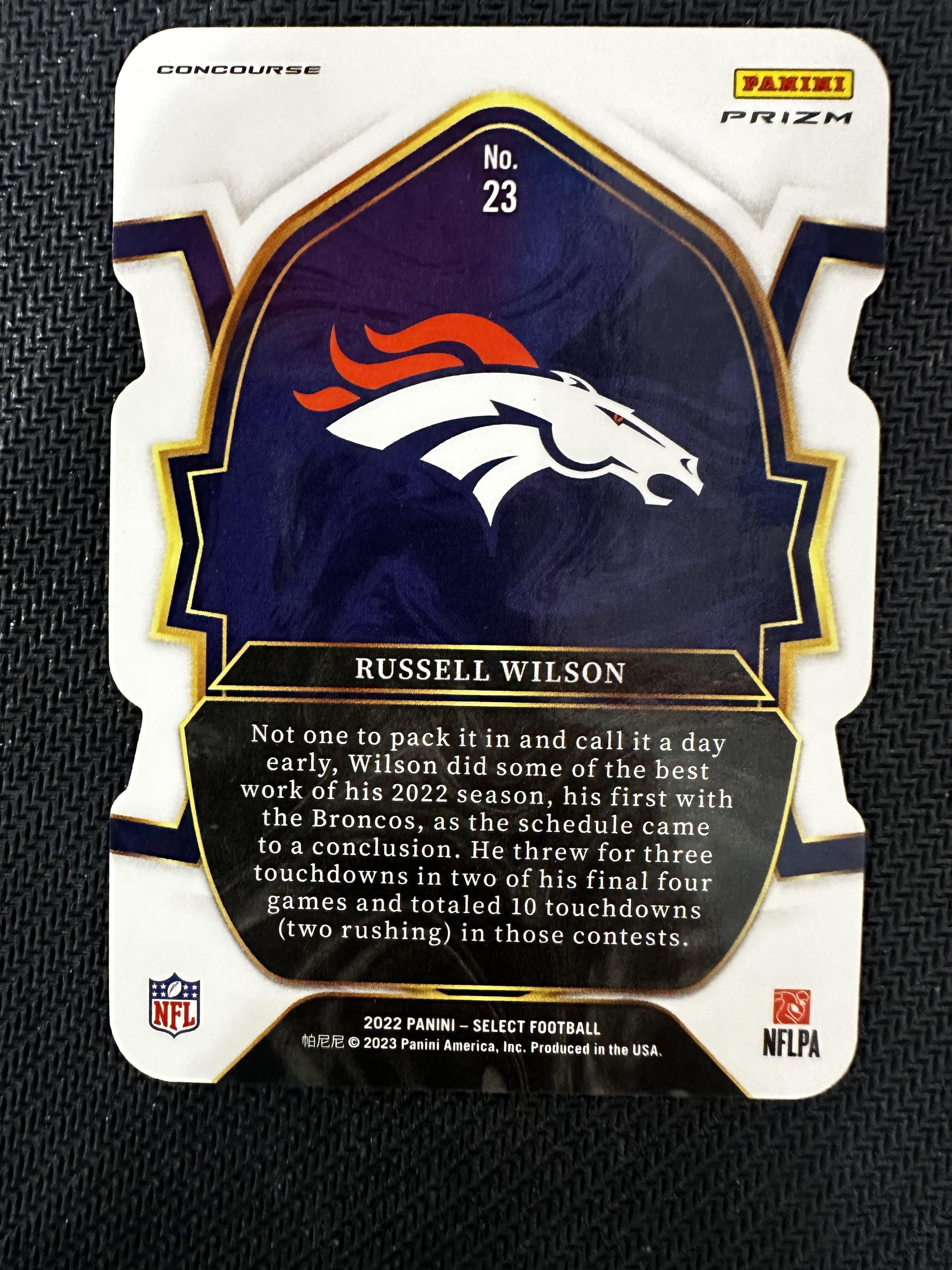 #23 Russell Wilson 2022 Panini Select Denver Broncos sports Zebra Prizm Die Cut