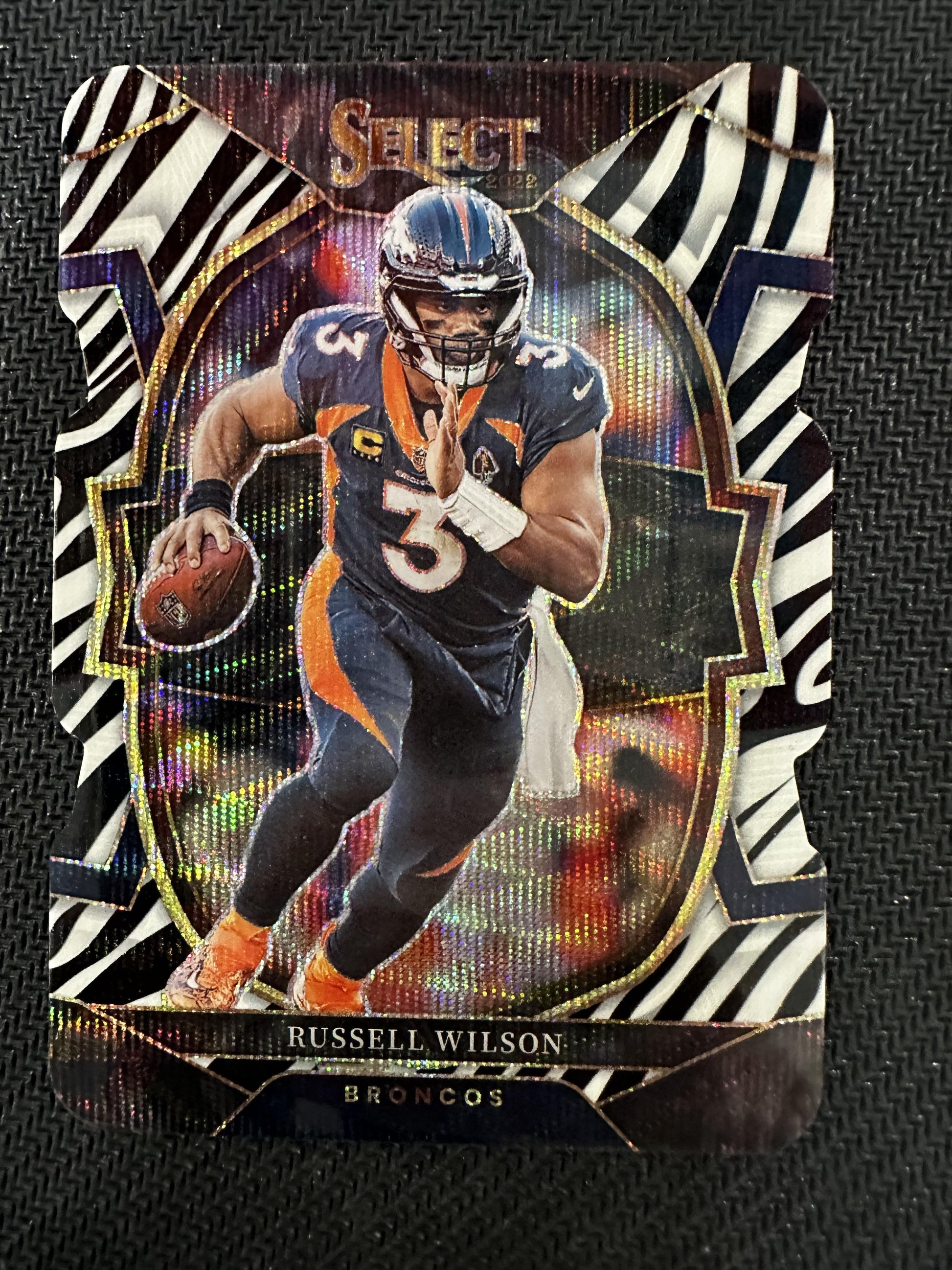 #23 Russell Wilson 2022 Panini Select Denver Broncos sports Zebra Prizm Die Cut