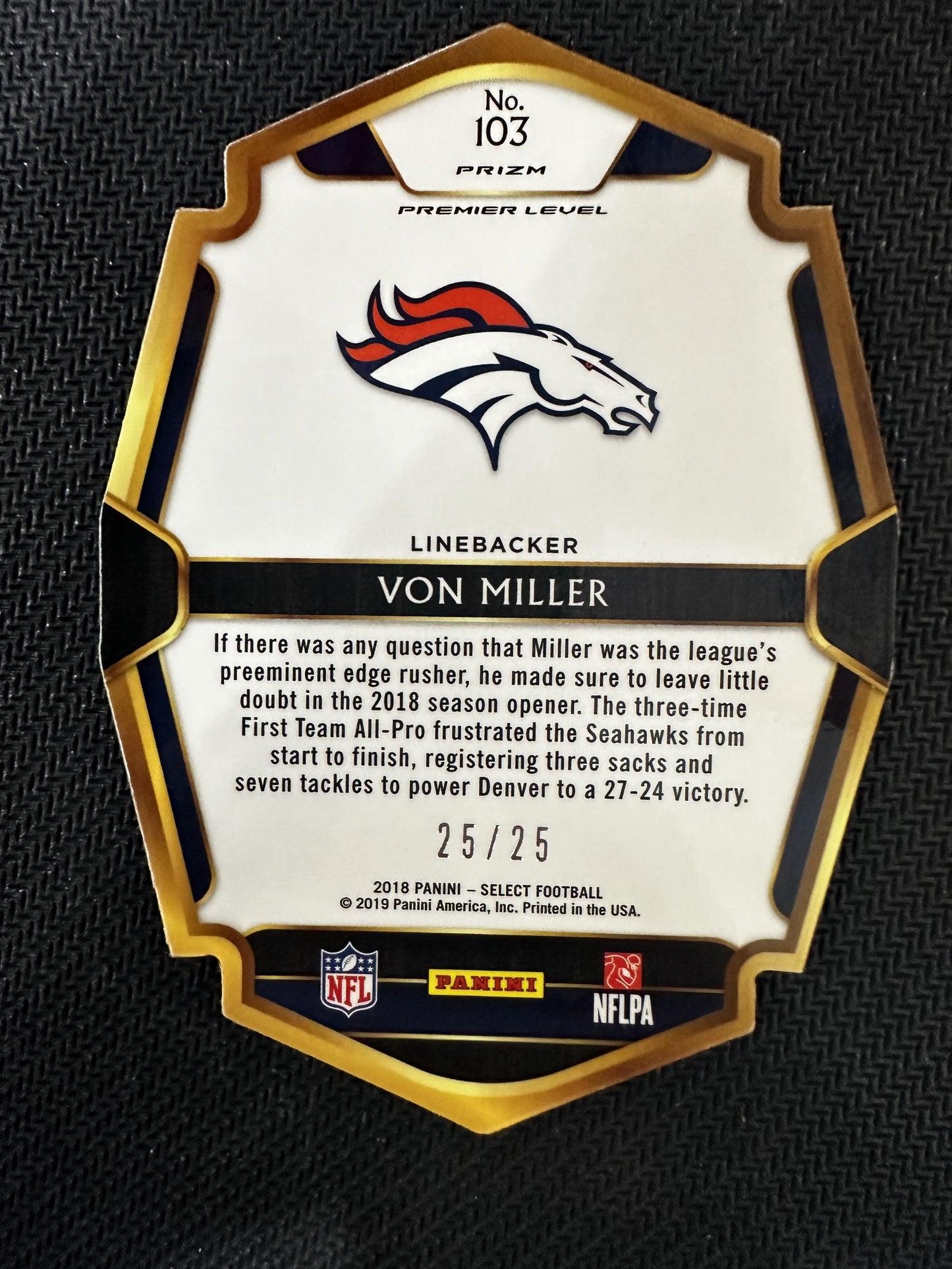 #103 Von Miller 2018 Panini Select SN #/25 Denver Broncos sports Tie-Dye Prizm