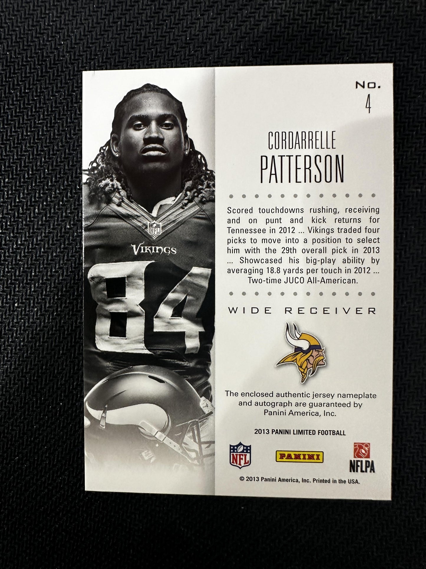 #4 Cordarrelle Patterson 2013 Panini Limited Auto /9 Vikings Rookie Lettermen