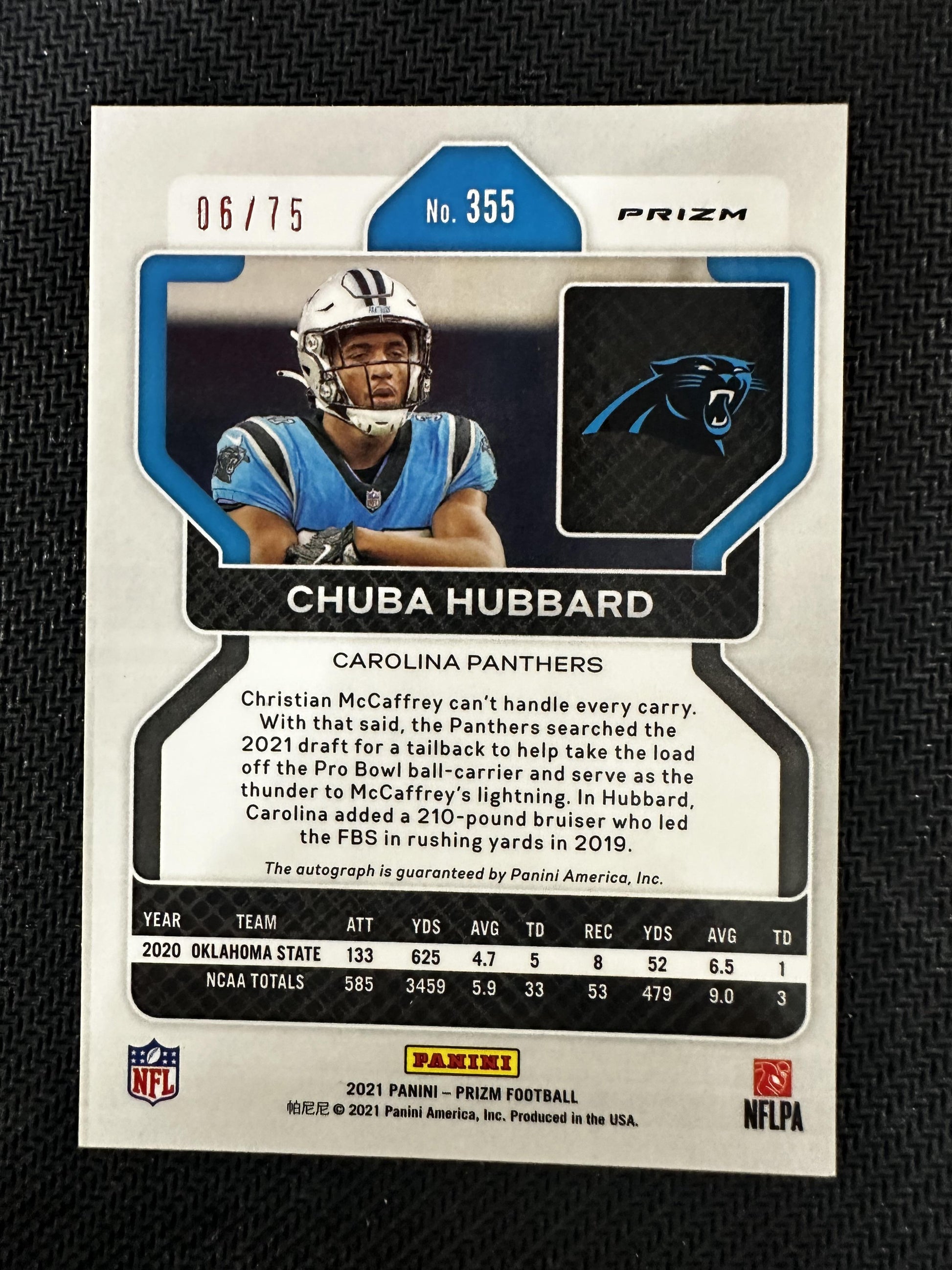 #355 Chuba Hubbard 2021 Panini Prizm /75 Carolina Panthers Auto Green Scope