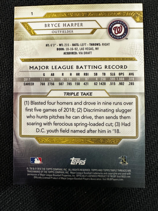 #1 Bryce Harper 2018 Topps Triple Threads SN #/25 Washington Nationals Sapphire