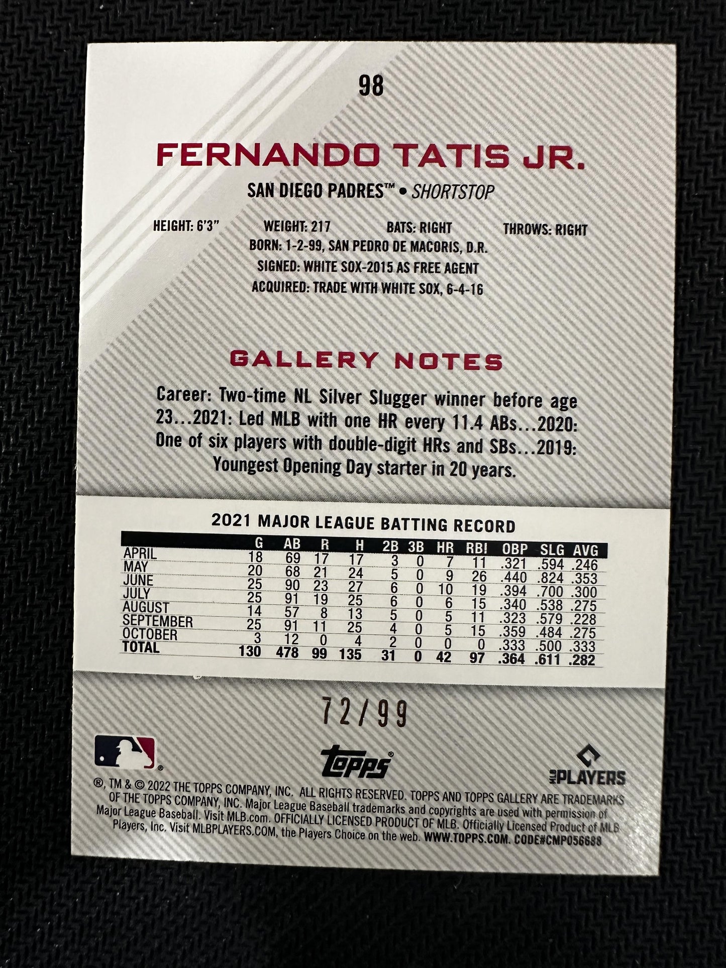 #98 Fernando Tatis Jr. 2022 Topps Gallery SN #/99 San Diego Padres Green Pattern