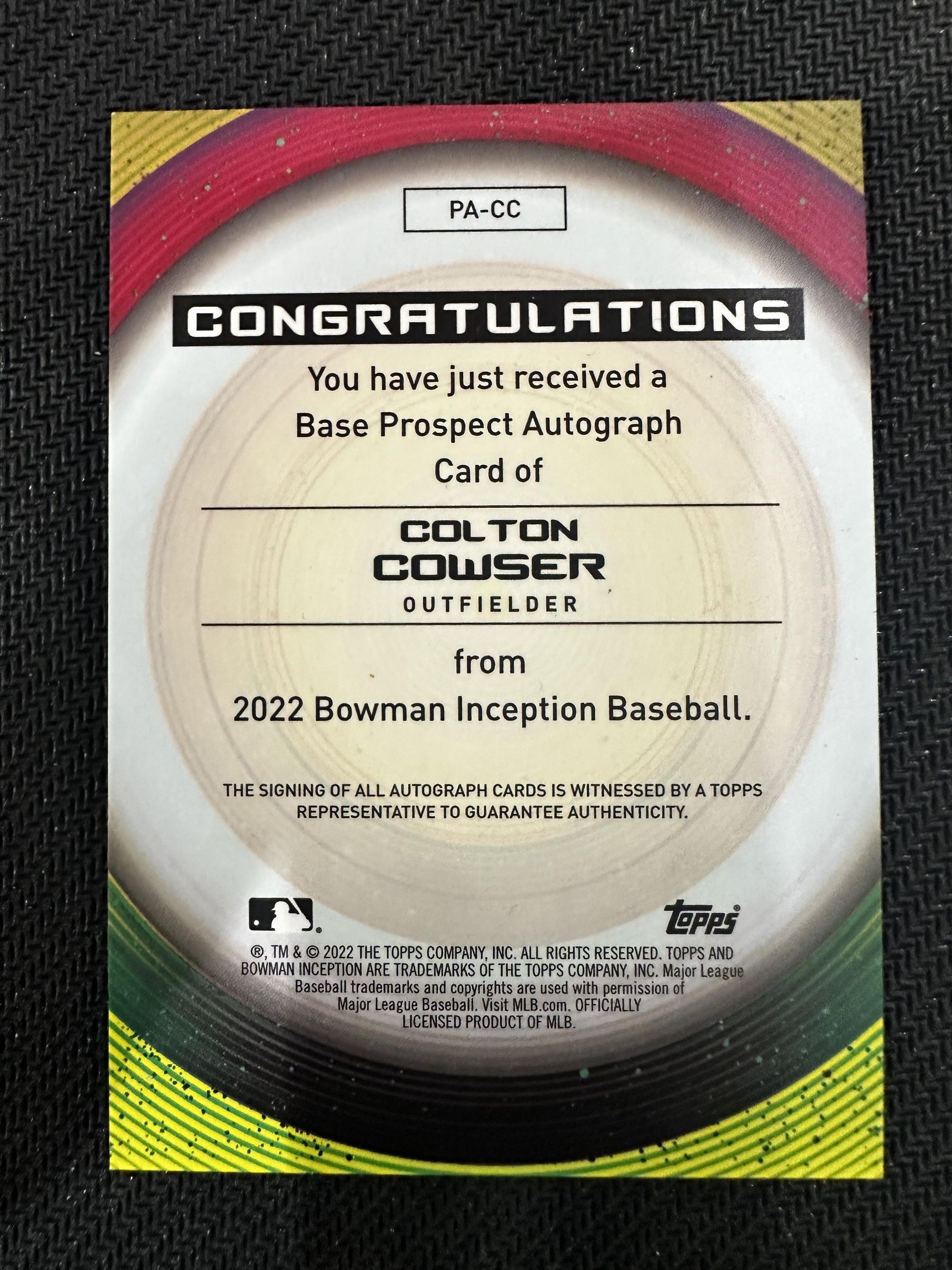 #PA-CC Colton Cowser 2022 Bowman Inception /200 Baltimore Orioles Prospect Auto