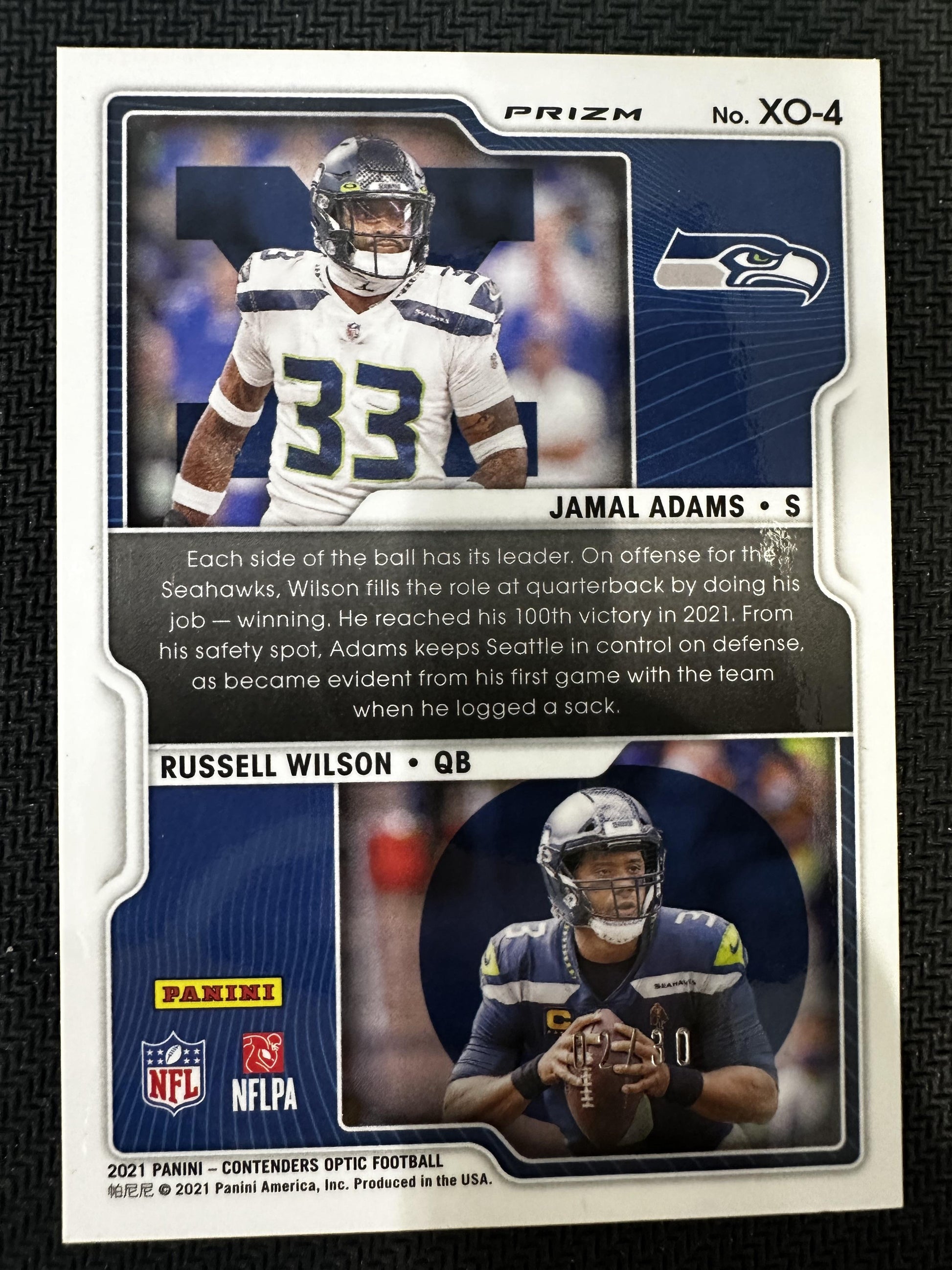 #XO-4 Jamal Adams/Russell Wilson 2021 Panini Contenders Optic /30 Seahawks Green