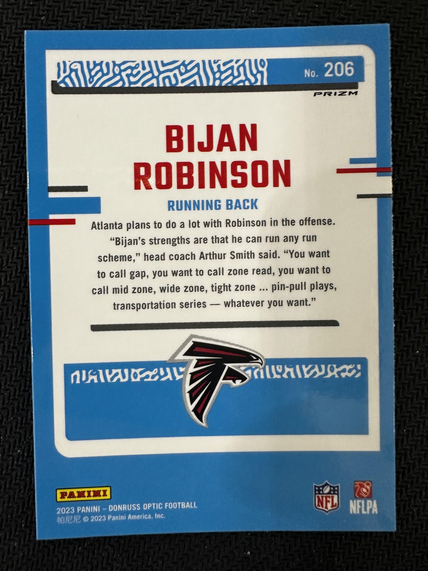 #206 Bijan Robinson 2023 Donruss Optic Atlanta Falcons sports Blue Hyper