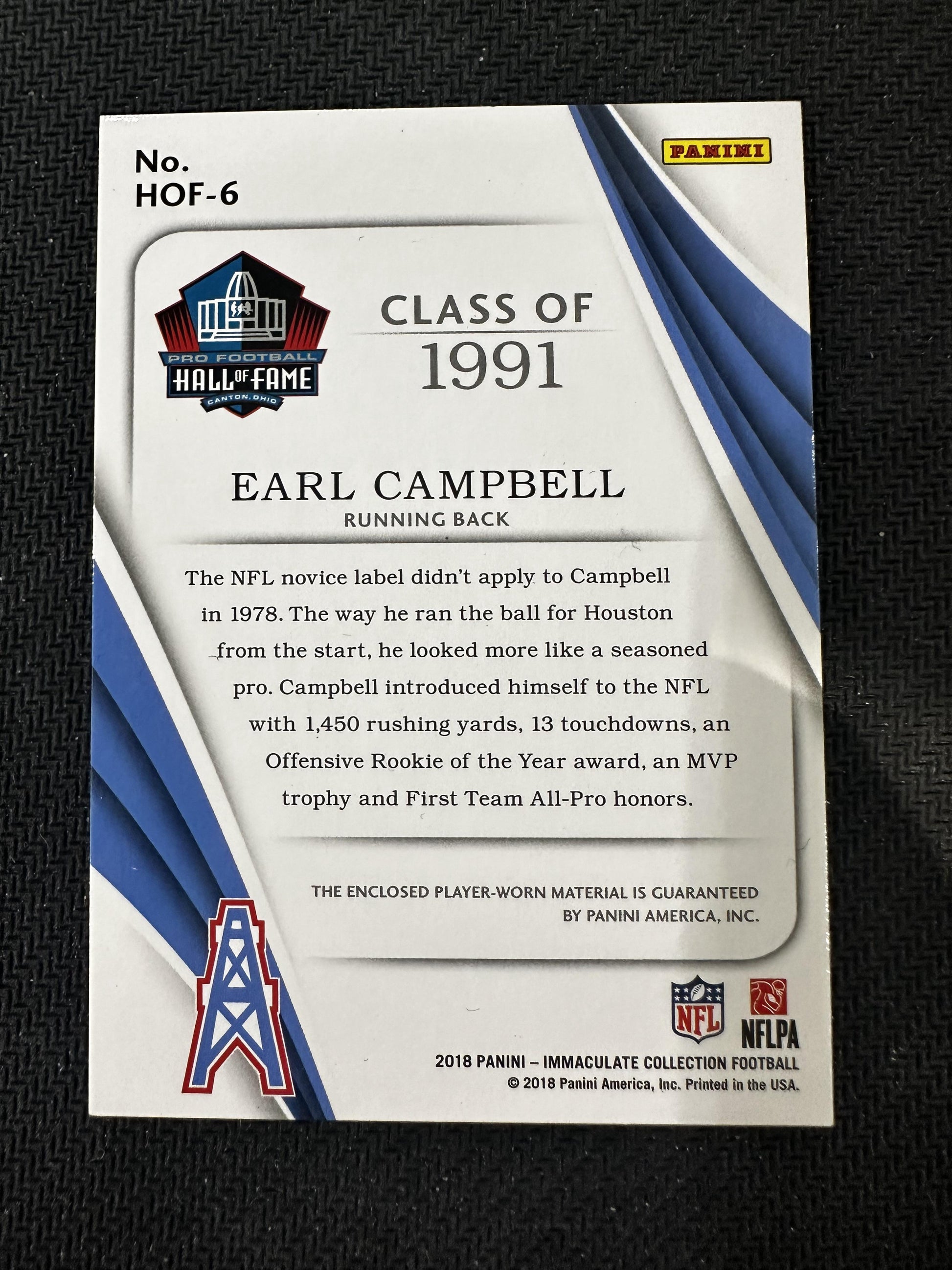 #HOF-6 Earl Campbell 2018 Panini Immaculate Collection /49 Oilers HOF Jerseys