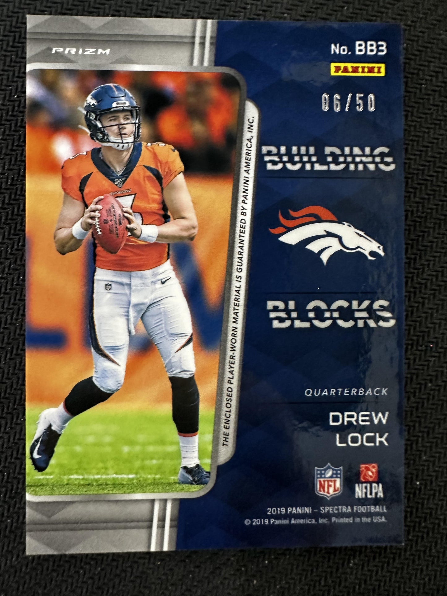 #BB3 Drew Lock 2019 Panini Spectra MEM,SN #/50 Broncos Building Blocks Neon Blue