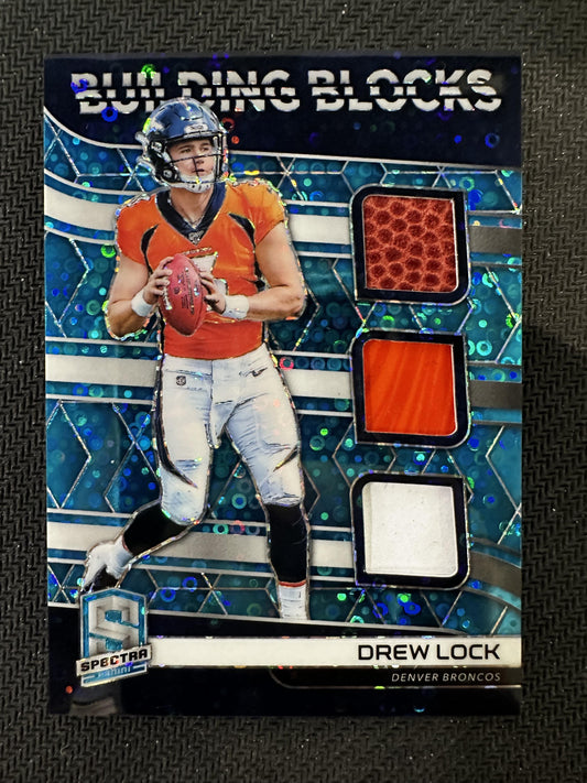 #BB3 Drew Lock 2019 Panini Spectra MEM,SN #/50 Broncos Building Blocks Neon Blue