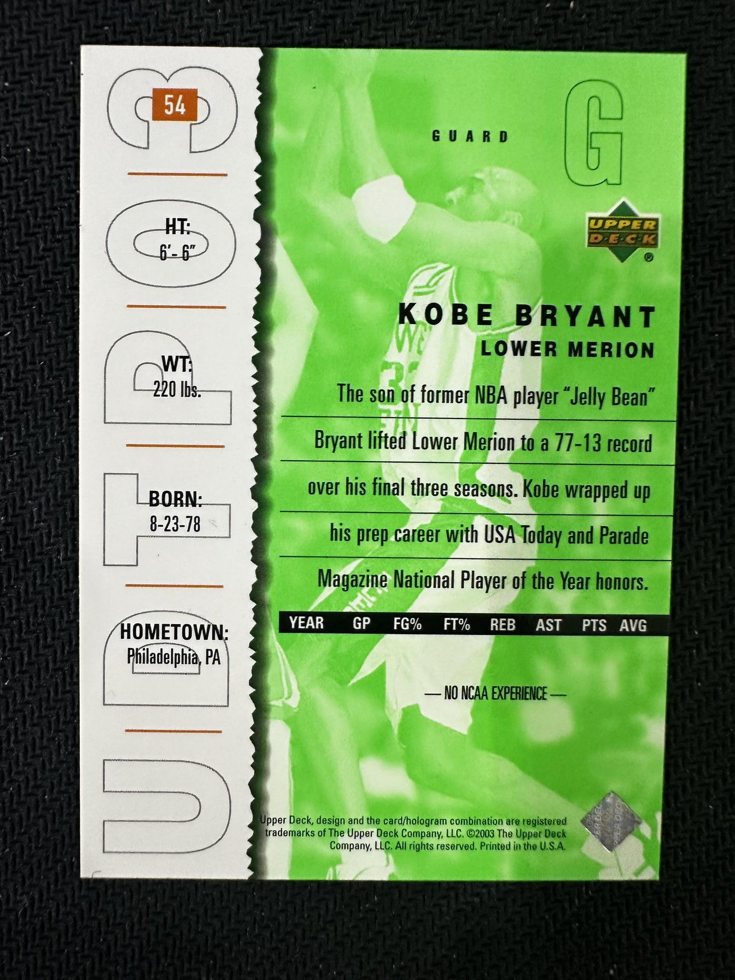 #54 Kobe Bryant 2003 UD Top Prospects Lower Merion H.S. Aces sports