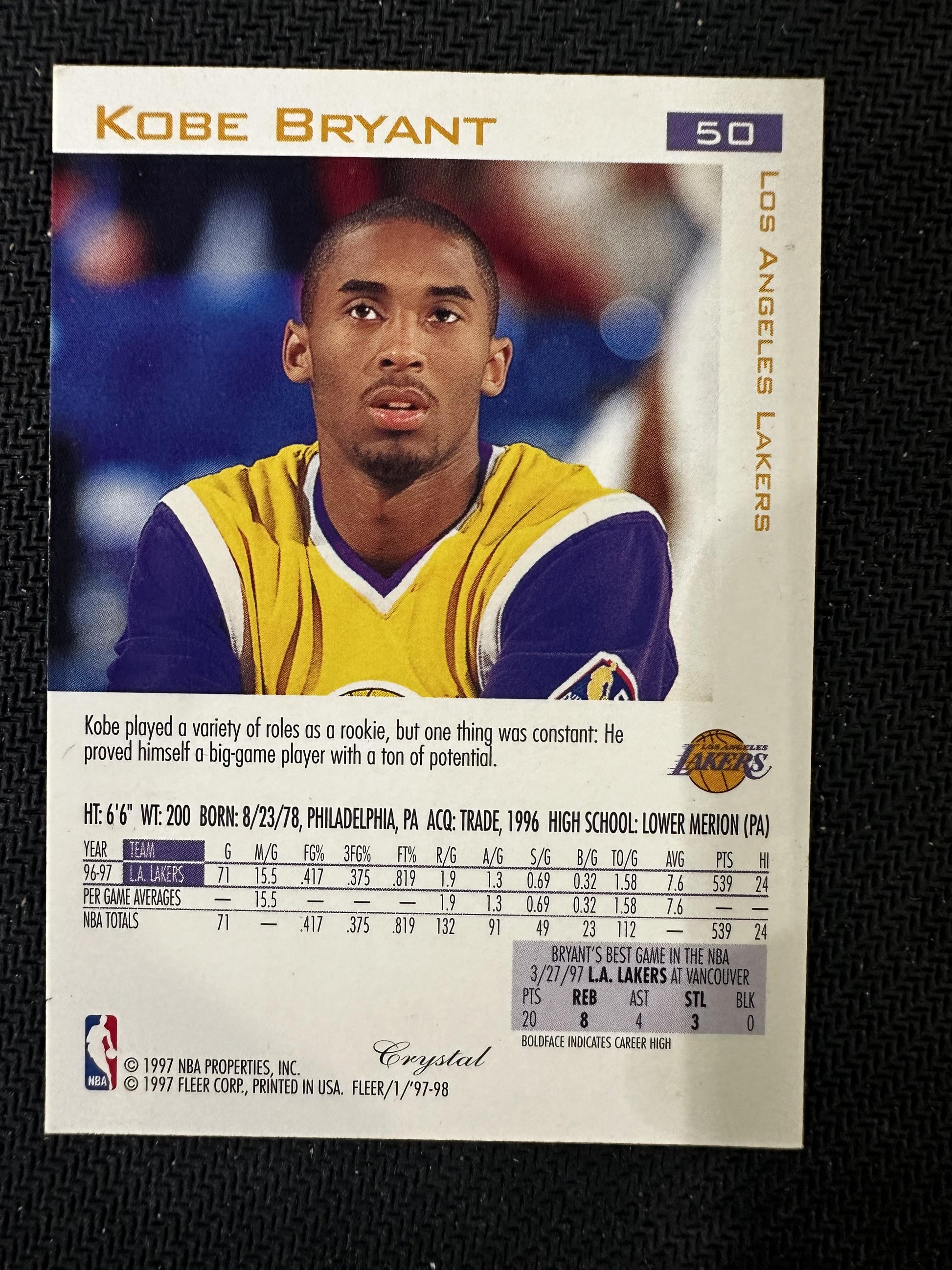 #50 Kobe Bryant 1997-98 Fleer Los Angeles Lakers sports Traditions Crystal