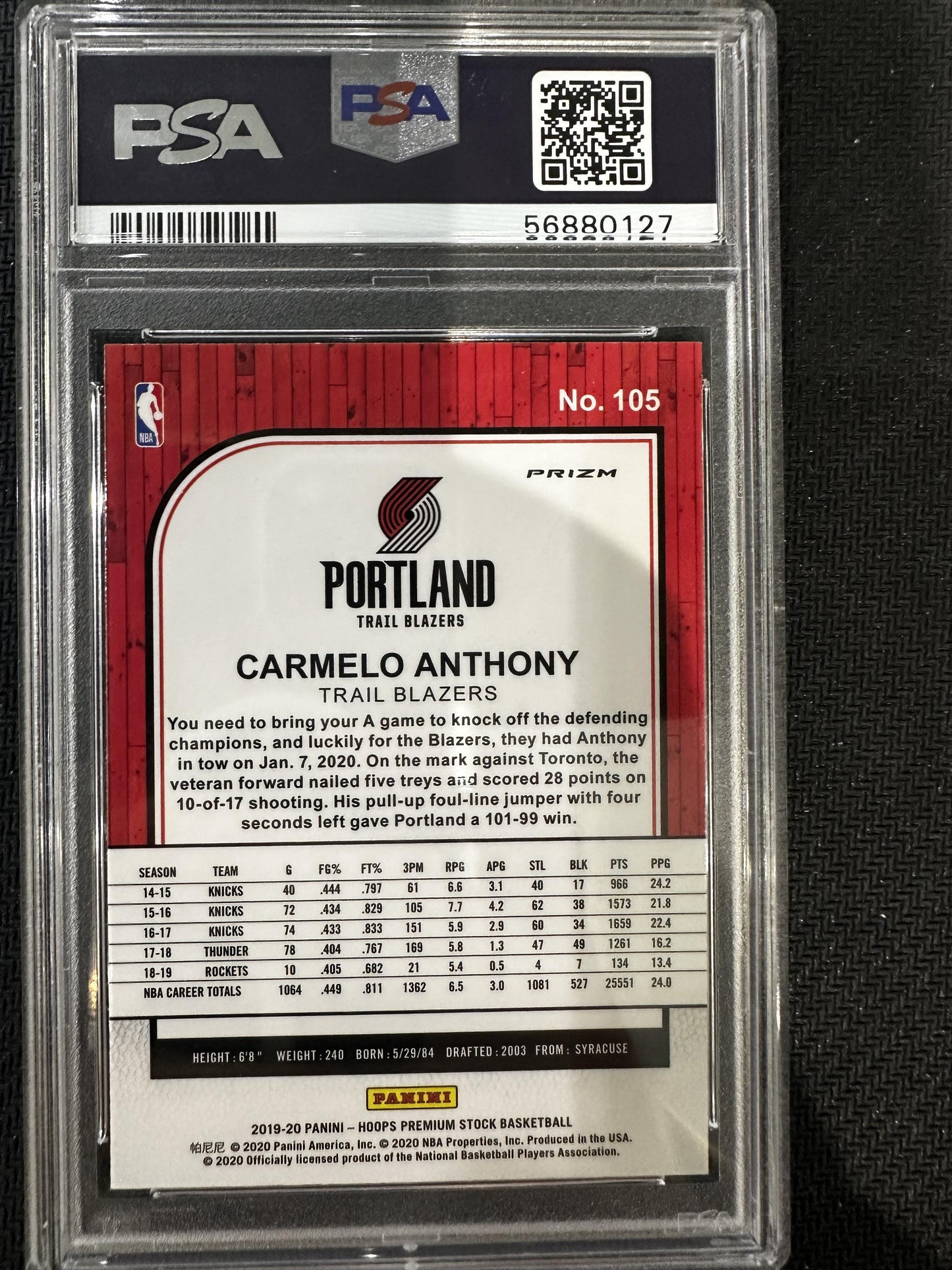 #105 Carmelo Anthony 2019-20 Hoops Premium Stock Portland Trail Blazers Silver