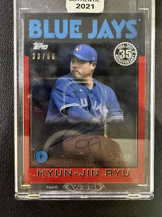 #86TBA-HR Hyun-Jin Ryu 2021 Topps Clearly Authentic /50 Blue Jays Red