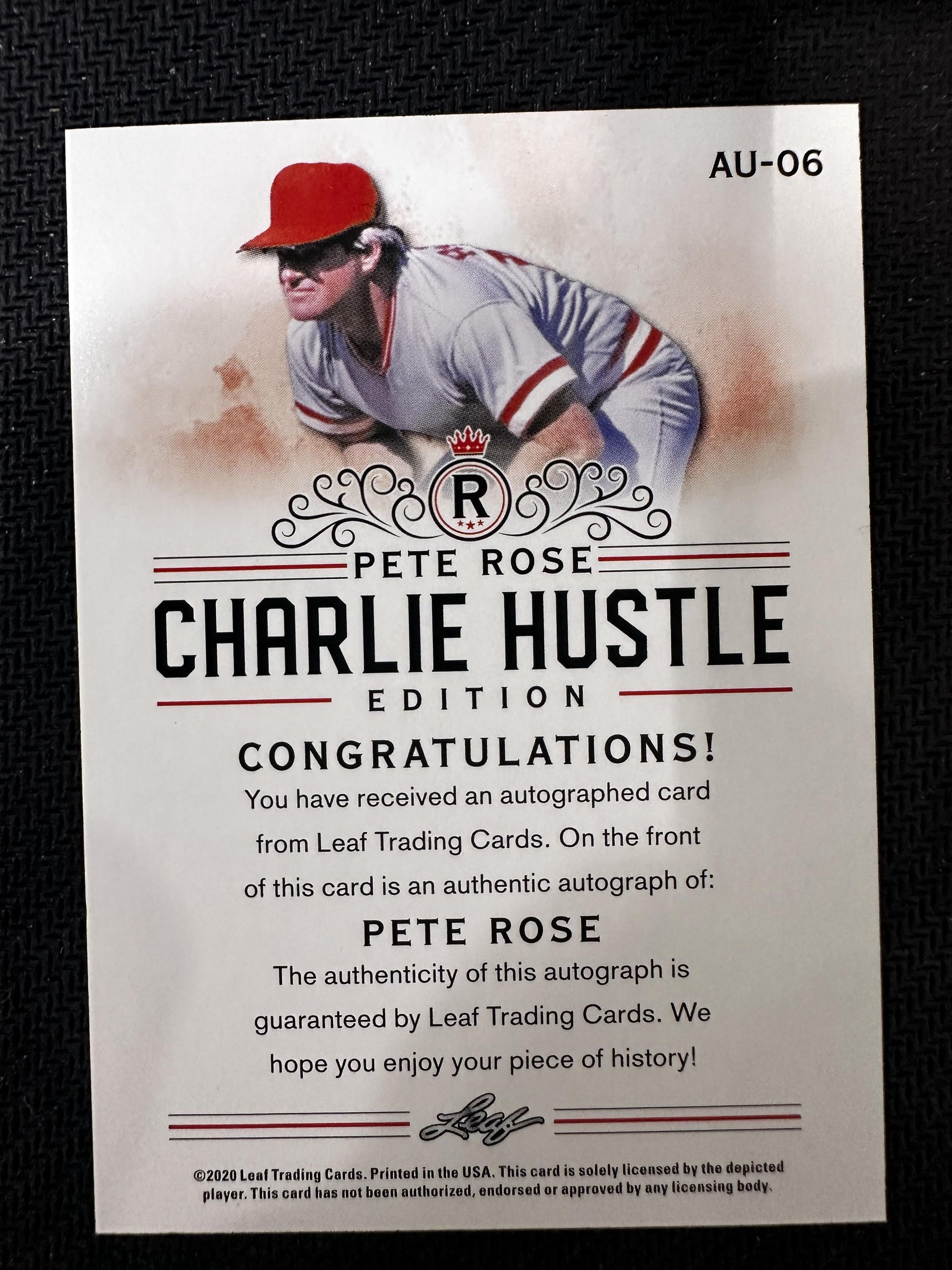 #AU-06 Pete Rose 2020 Leaf Pete Rose Charlie Hustle Edition Cincinnati Reds Auto