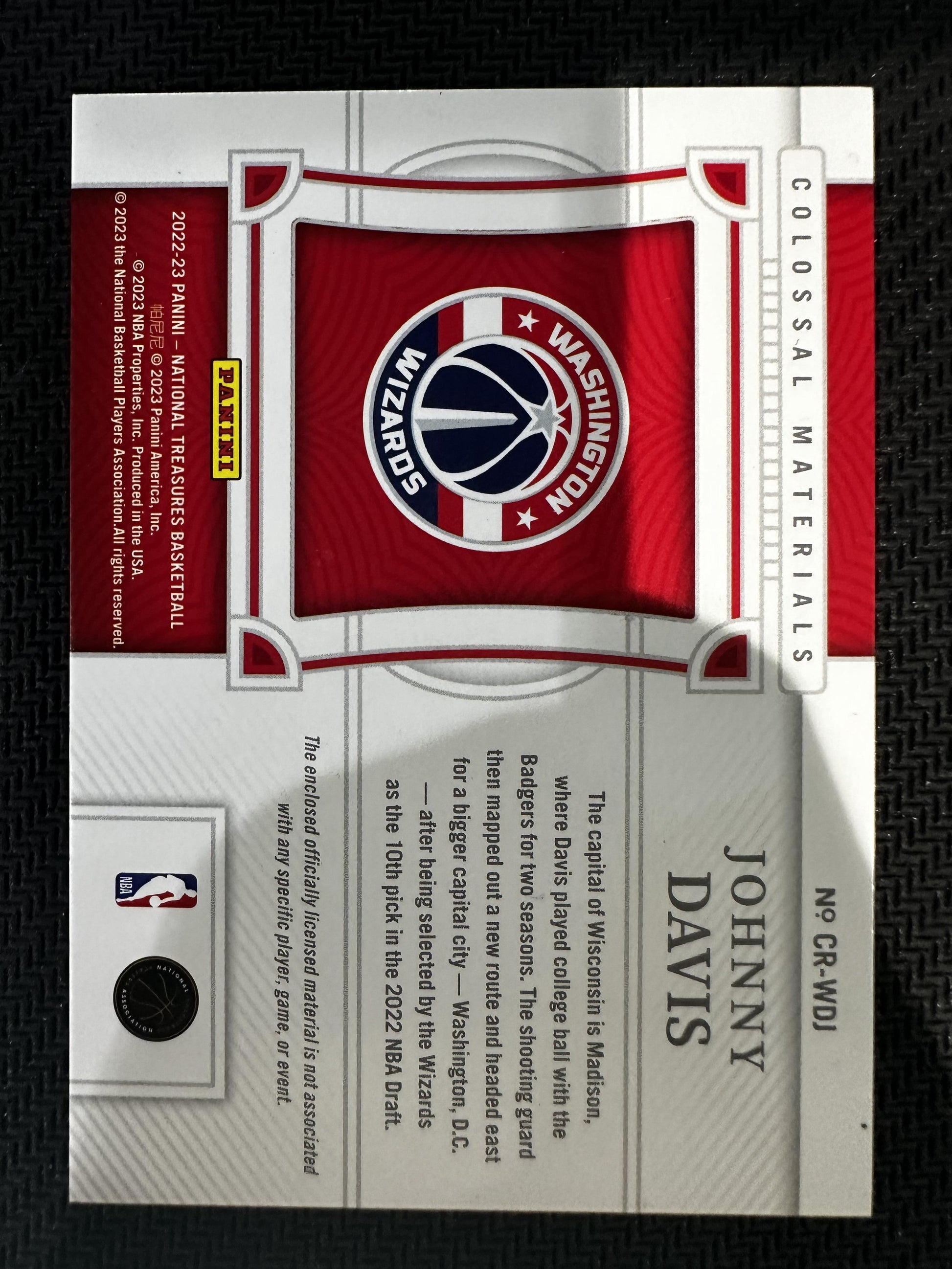 #CR-WDJ Johnny Davis 2022 National Treasures /99 Wizards Colossal Materials