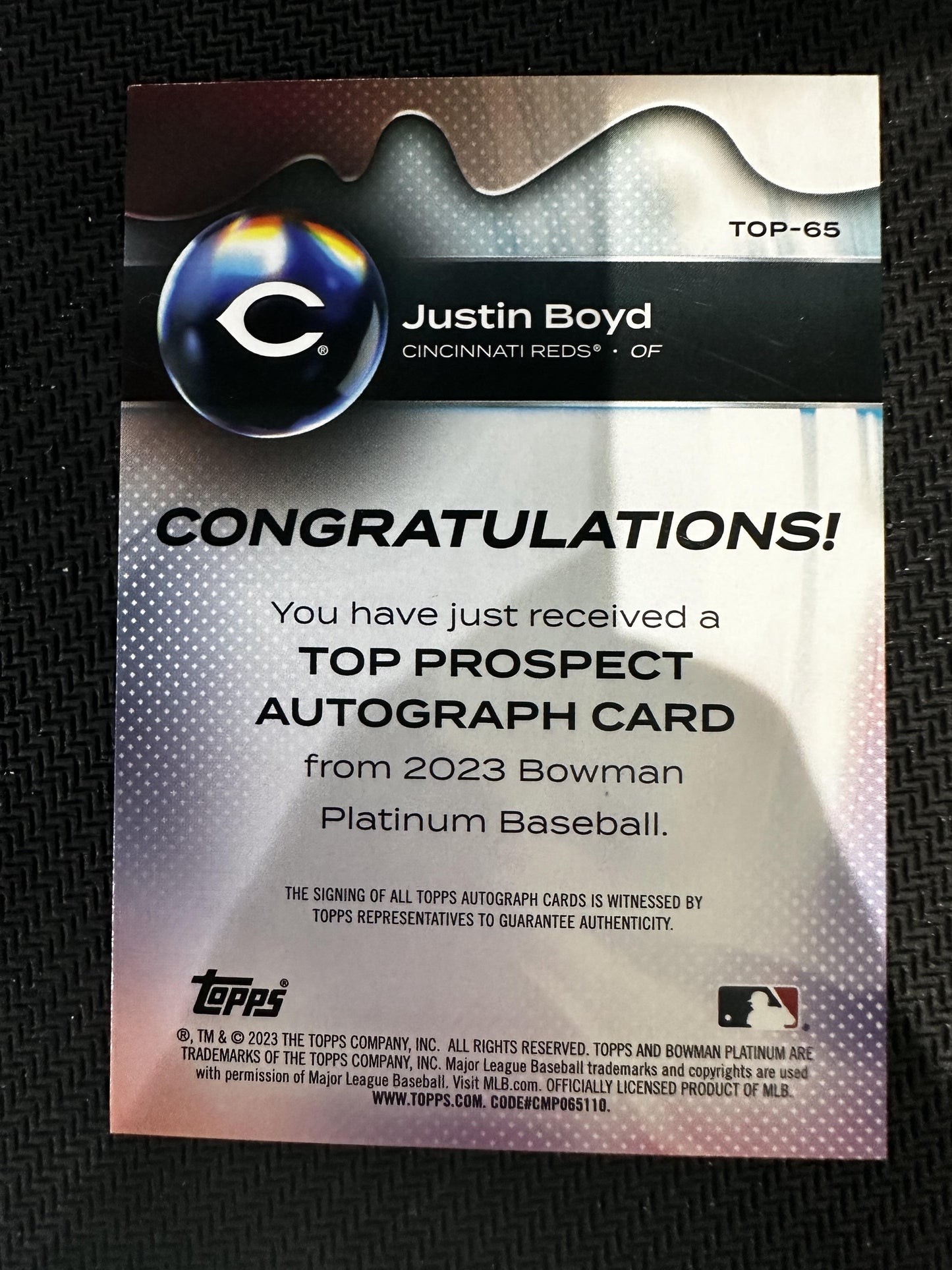 #TOP-65 Justin Boyd 2023 Bowman Platinum AU Auto Reds Top Prospects Auto