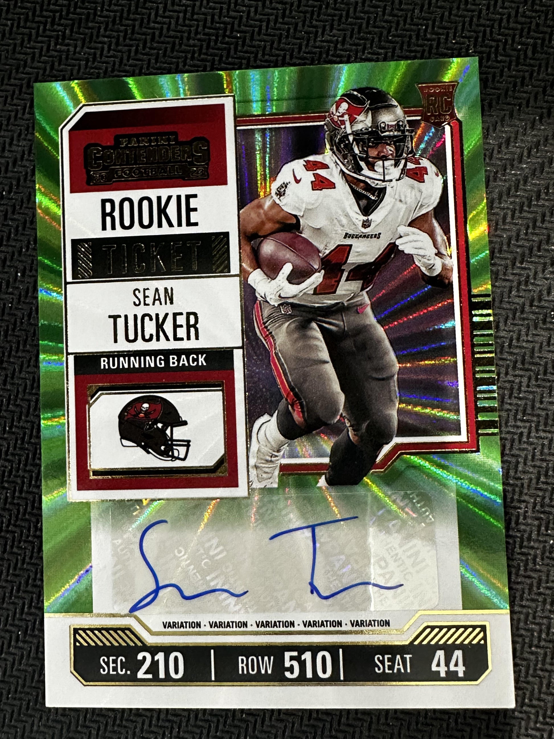 #157 Sean Tucker 2023 Panini Contenders Auto Buccaneers Green Laser Ticket