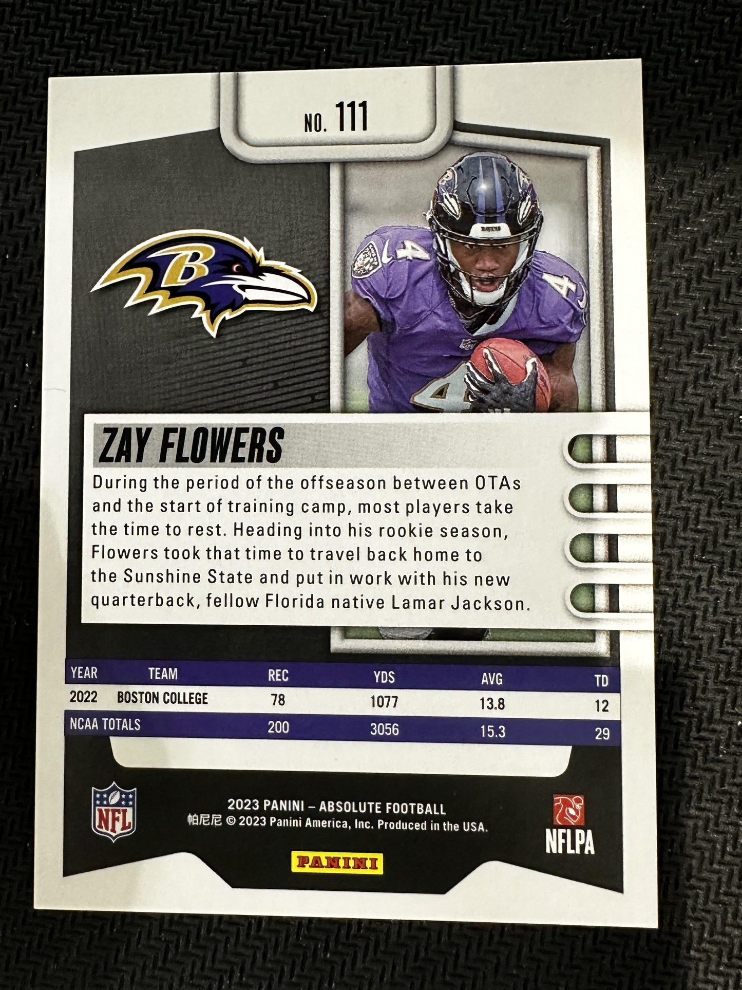 #111 Zay Flowers 2023 Panini Absolute SN #/199 Baltimore Ravens Blue Diamonds