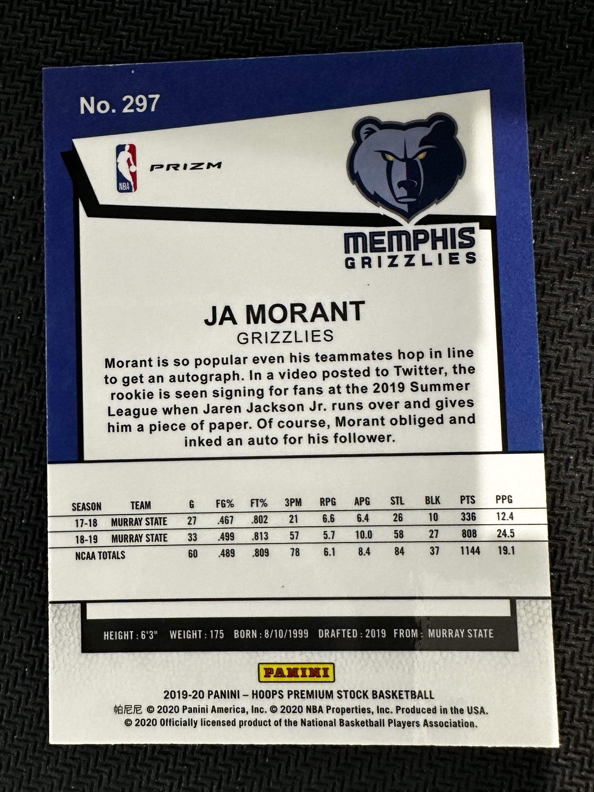 #297 Ja Morant 2019-20 Hoops Premium Stock RC Rookie Memphis Grizzlies Green