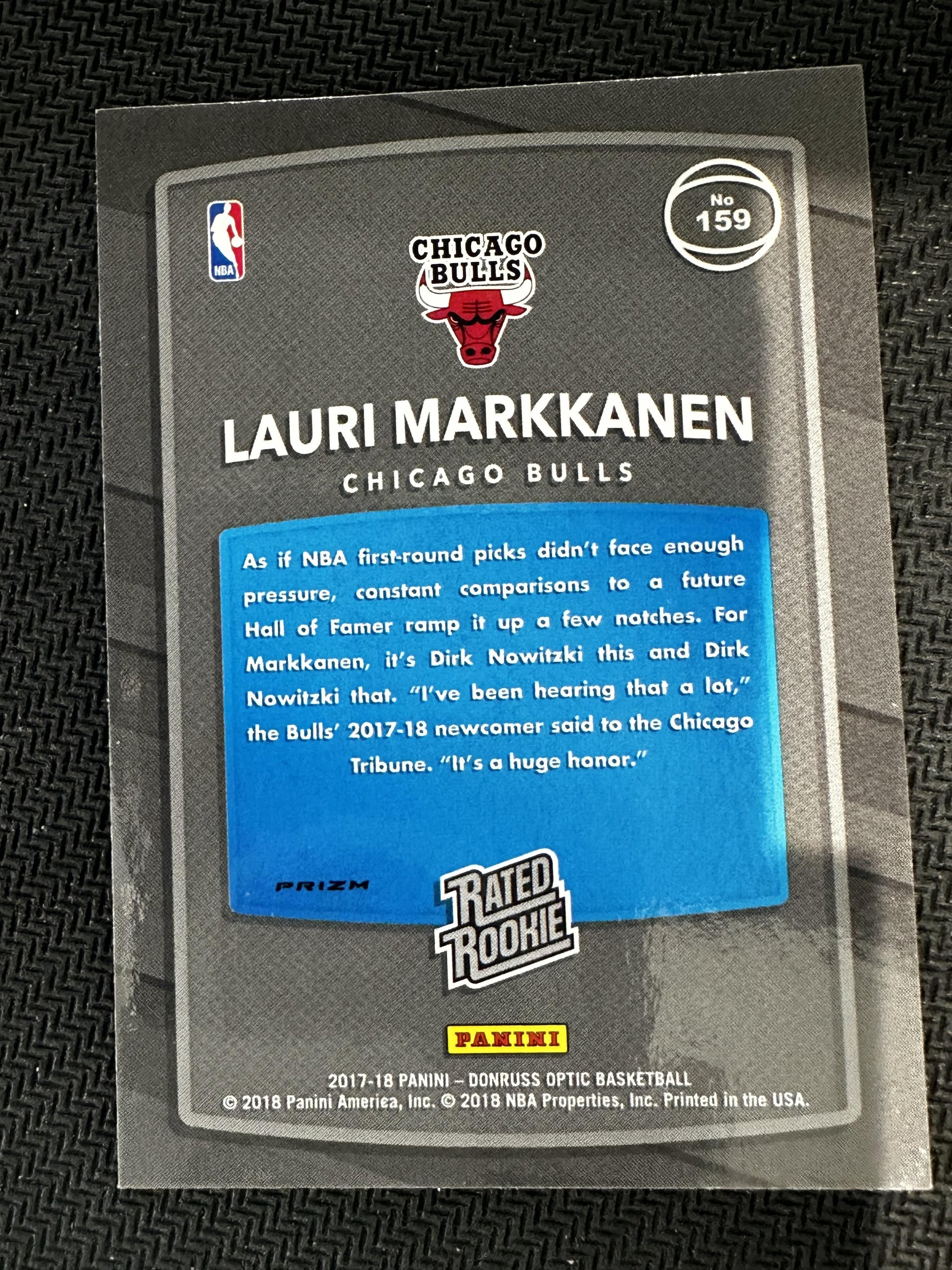 #159 Lauri Markkanen 2017-18 Donruss Optic Bulls Blue Velocity