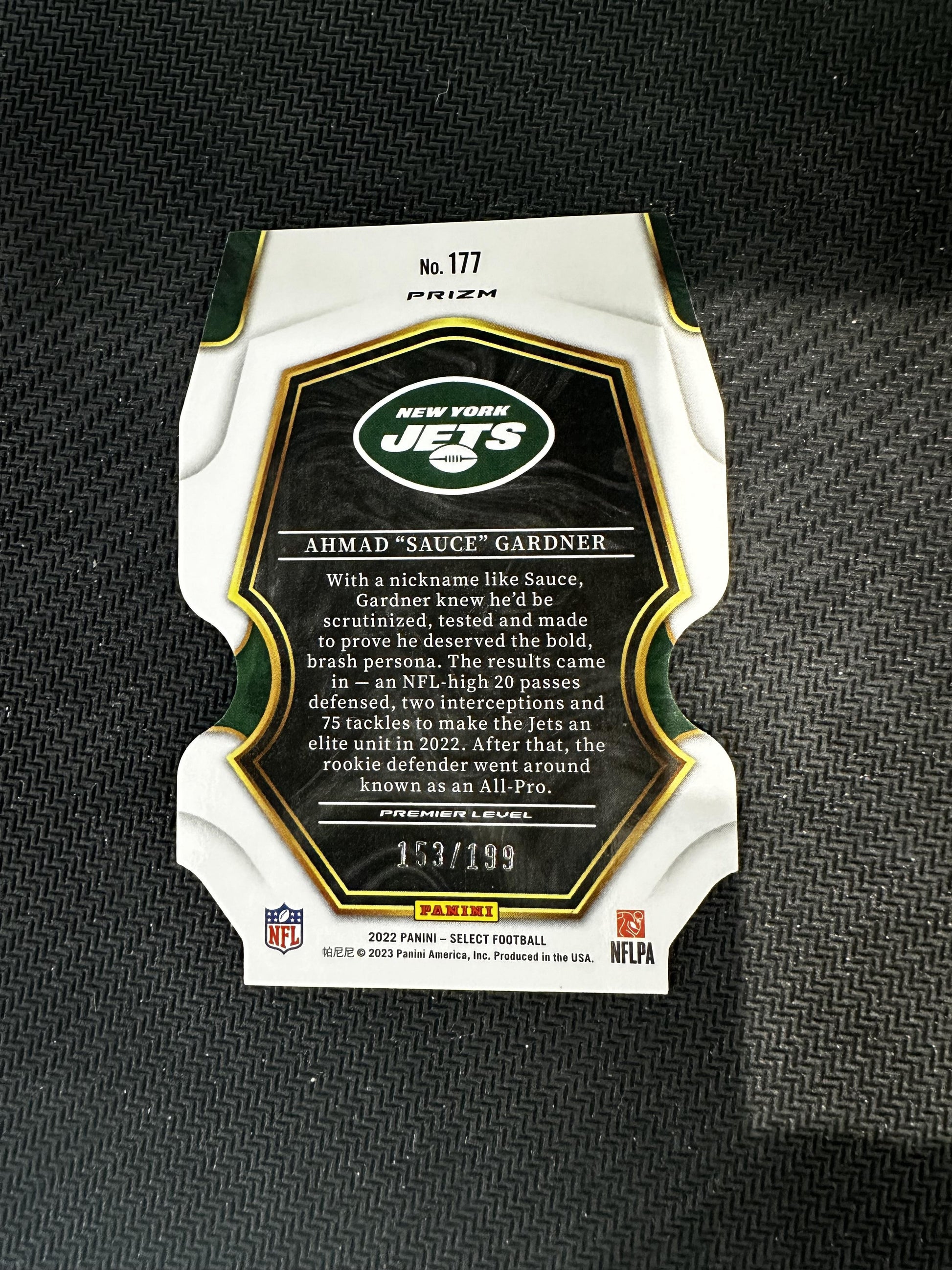 #177 Ahmad "Sauce" Gardner 2022 Panini Select /199 Jets Orange Die Cut